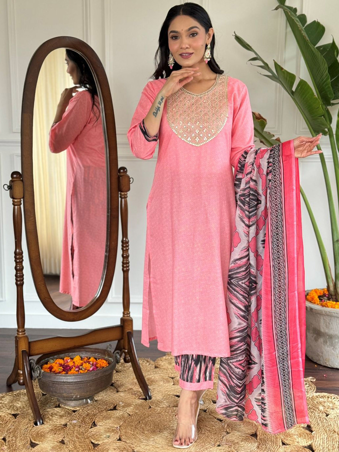 

KALINI Embroidered Sequinned Kurta with Trousers & With Dupatta, Pink