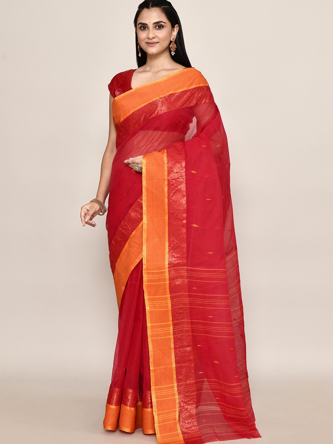 

PUKU Woven Design Ethnic Motifs Pure Cotton Taant Saree, Red