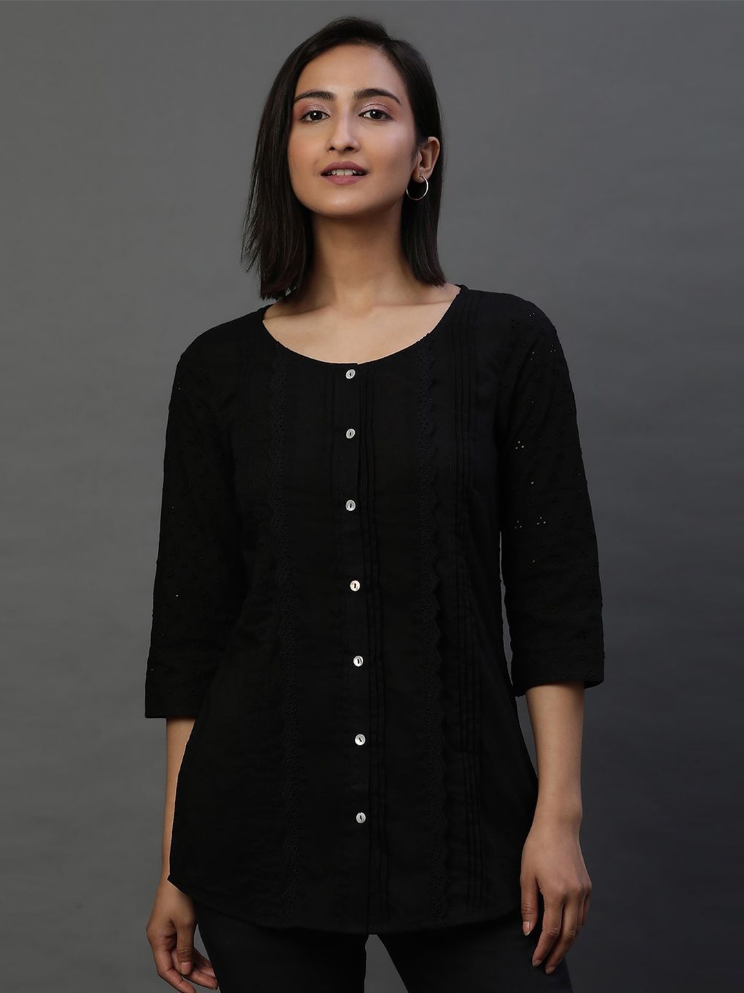 

AURELIA Geometric Embroidered Sequinned Pure Cotton Sequinned Kurti, Black