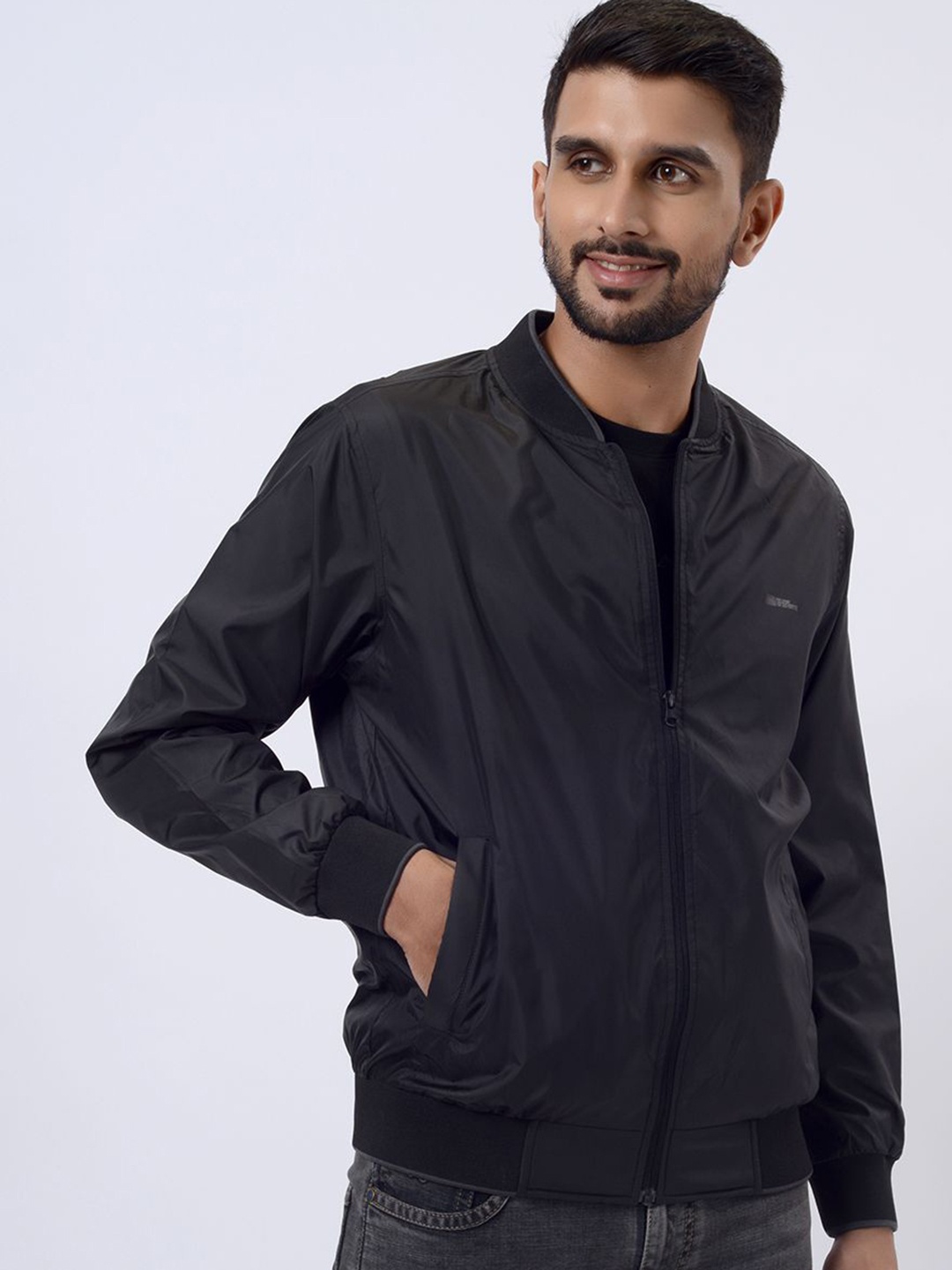 

JADE BLUE Men Geometric Bomber with Patchwork Jacket, Black
