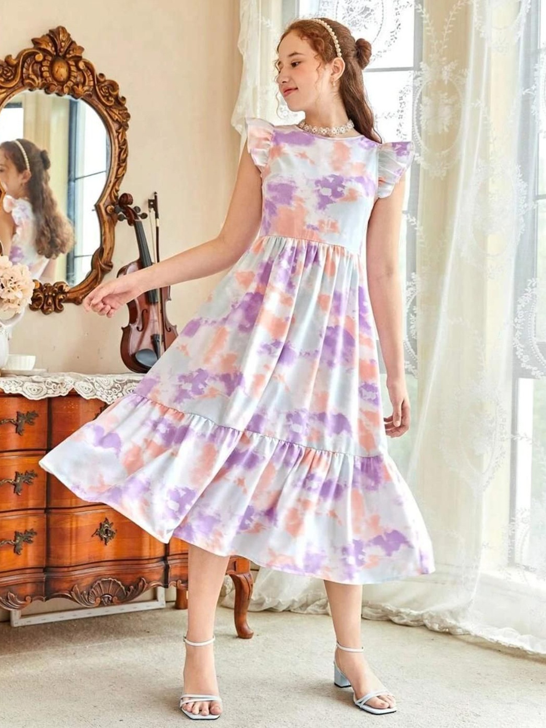 

Miss & Chief Girls Printed Flutter Sleeves Fit & Flare Midi Dress, Lavender