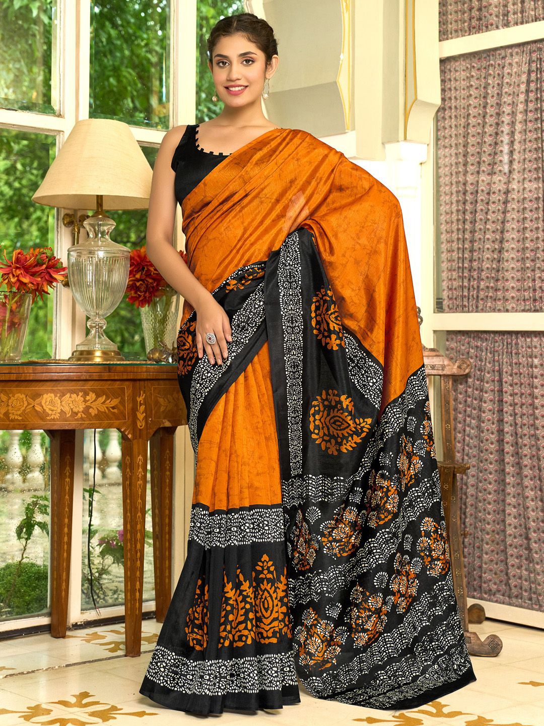 

KALINI Bagh Silk Blend Designer Block Print Saree, Mustard