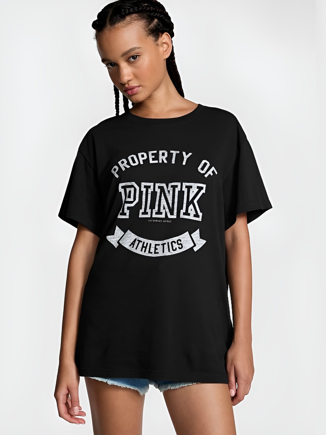 

Victoria's Secret Women Typography Printed Round Neck Cotton Relaxed Fit T-shirt, Black