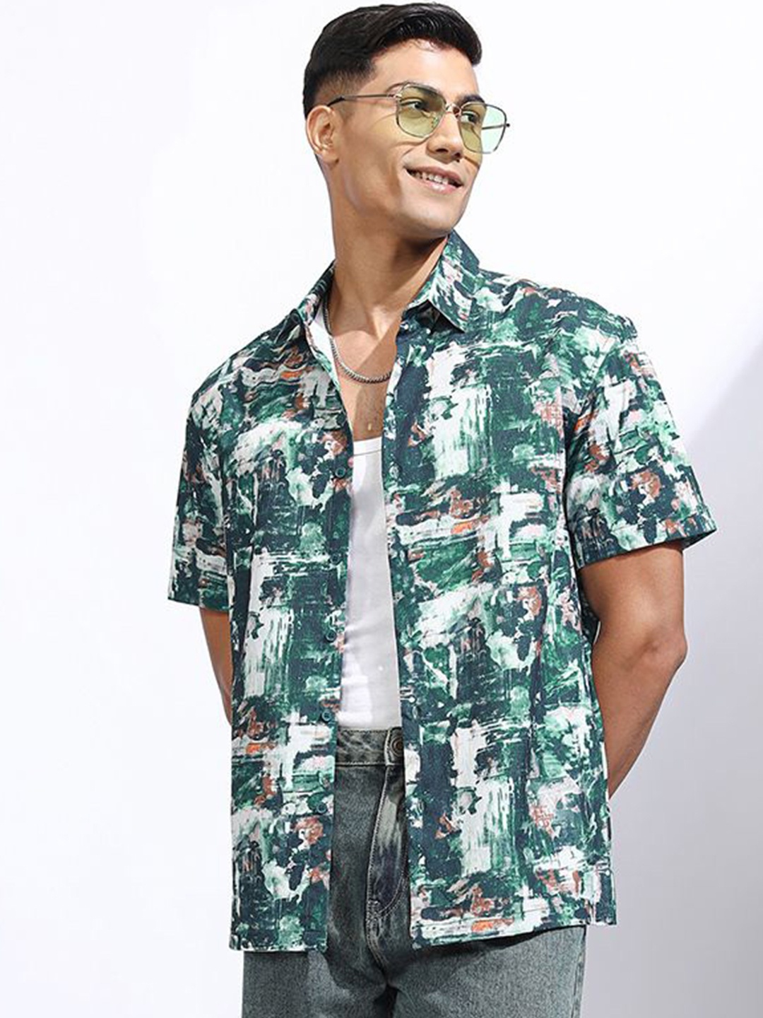

LOCOMOTIVE Premium Men Crushed Textured Printed Relaxed Shirt, Teal