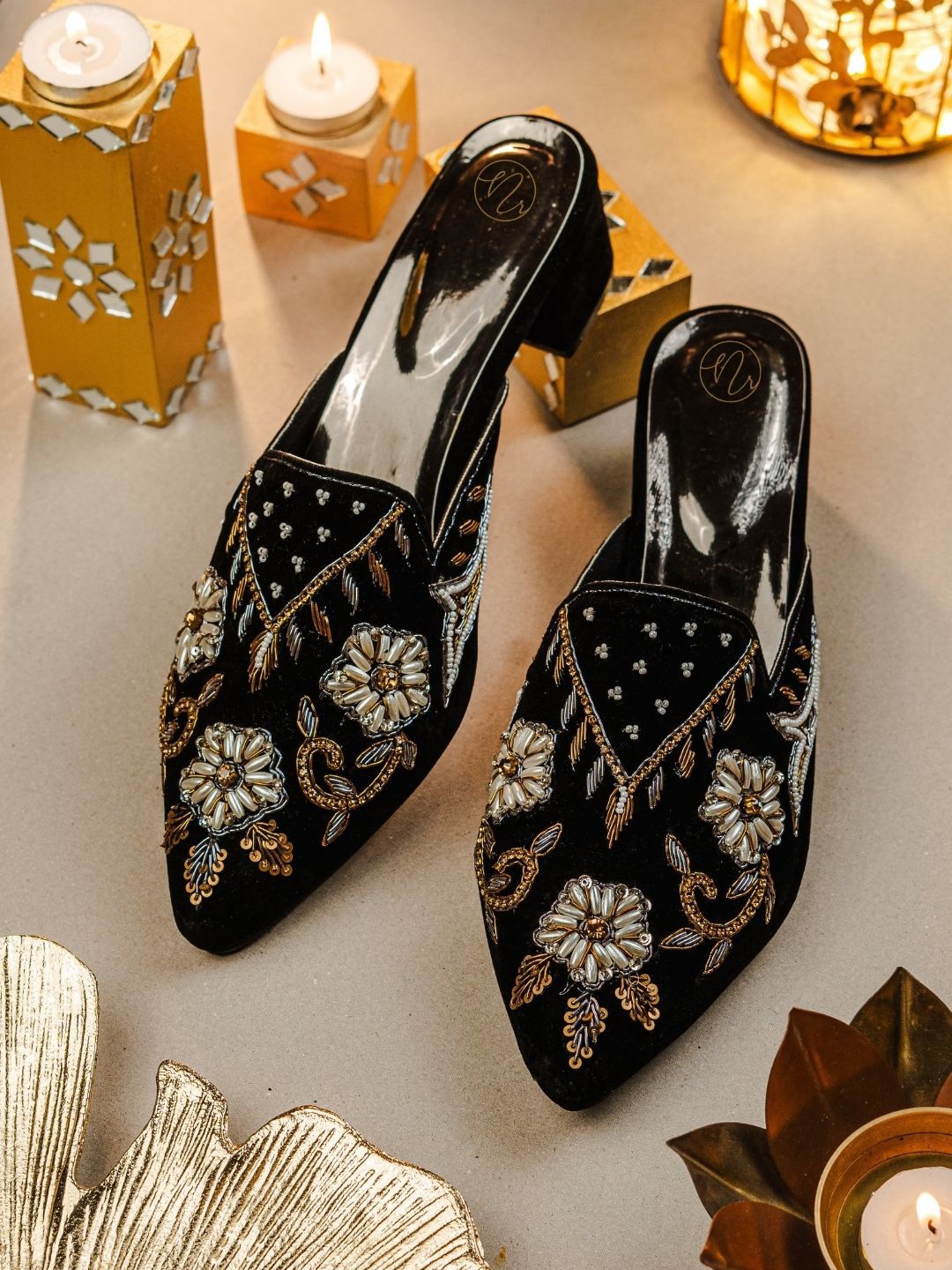 

NR By Nidhi Rathi Women Embellished Block Heel Mules, Black