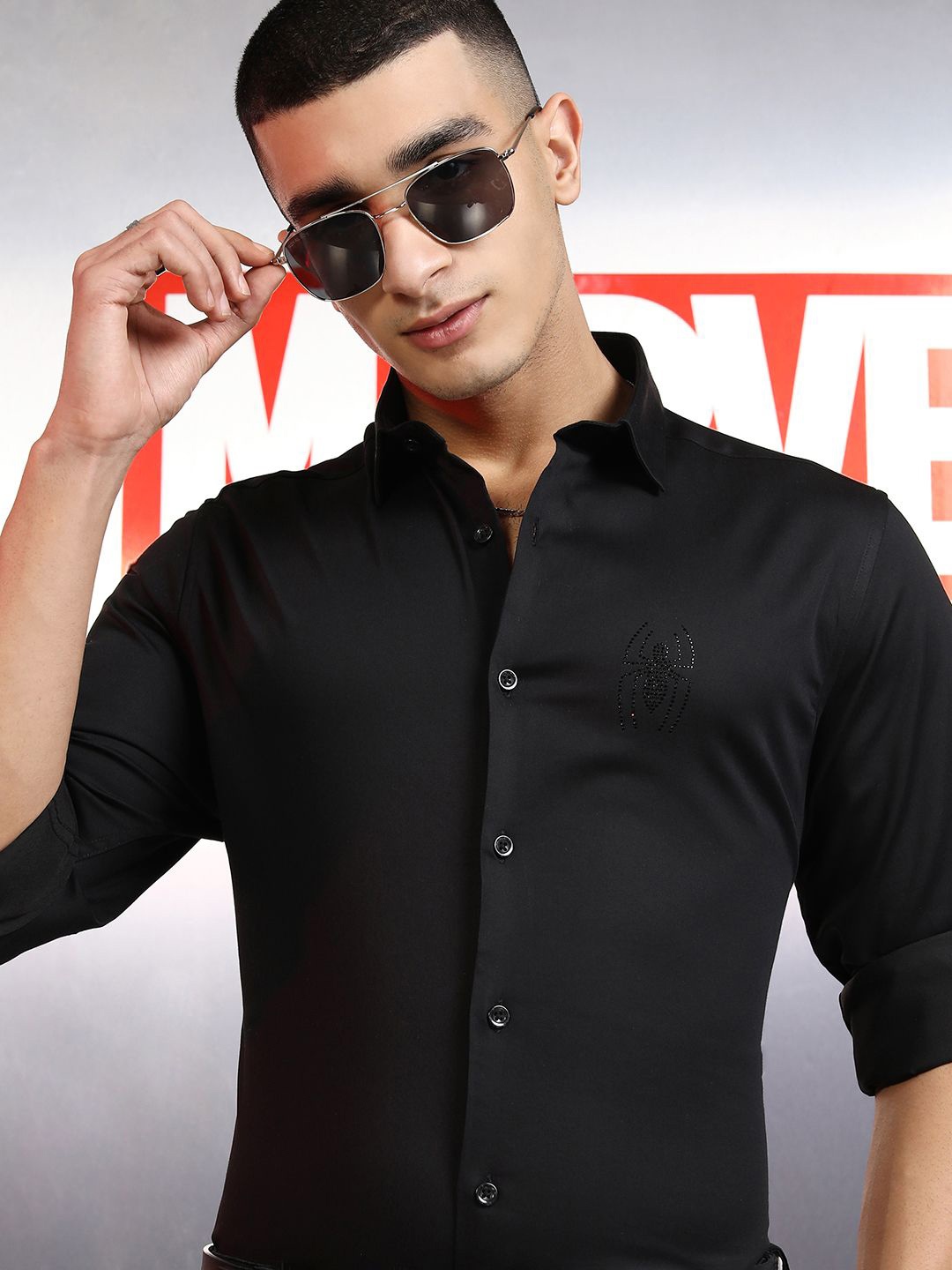 

HIGHLANDER Marvel Men Spiderman Premium Satin Embellished Occasion Evening Party Shirt, Black