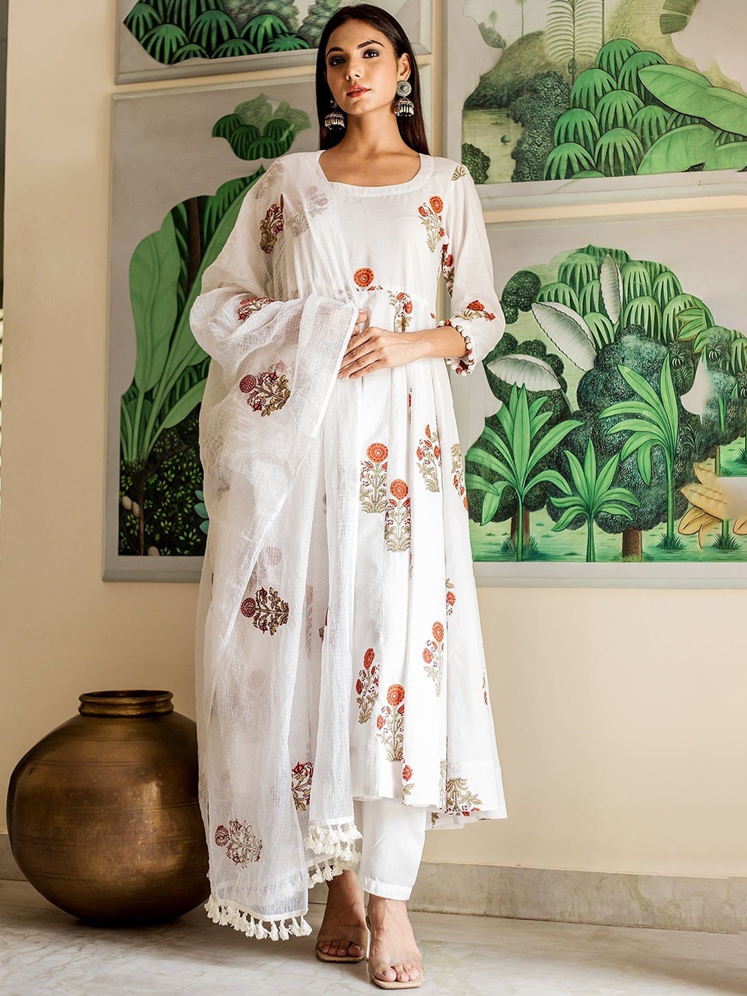 

ROZANAJAIPUR Floral Printed Regular Pure Cotton Kurta with Trousers & Dupatta, White