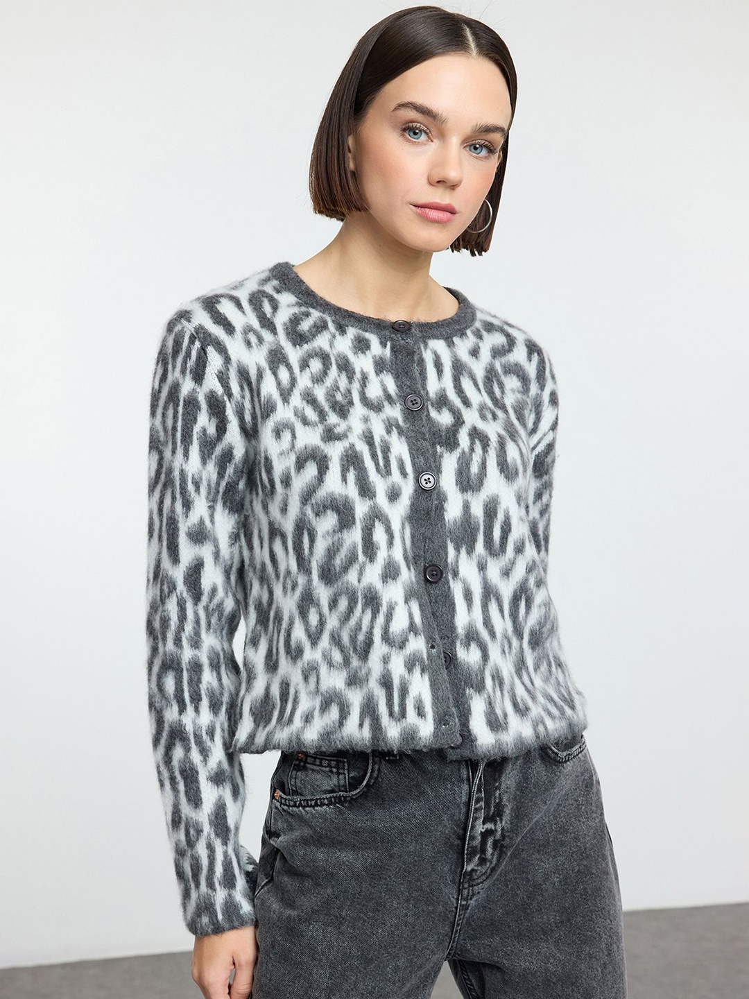 

Trendyol Women Animal Printed Cardigan, Grey