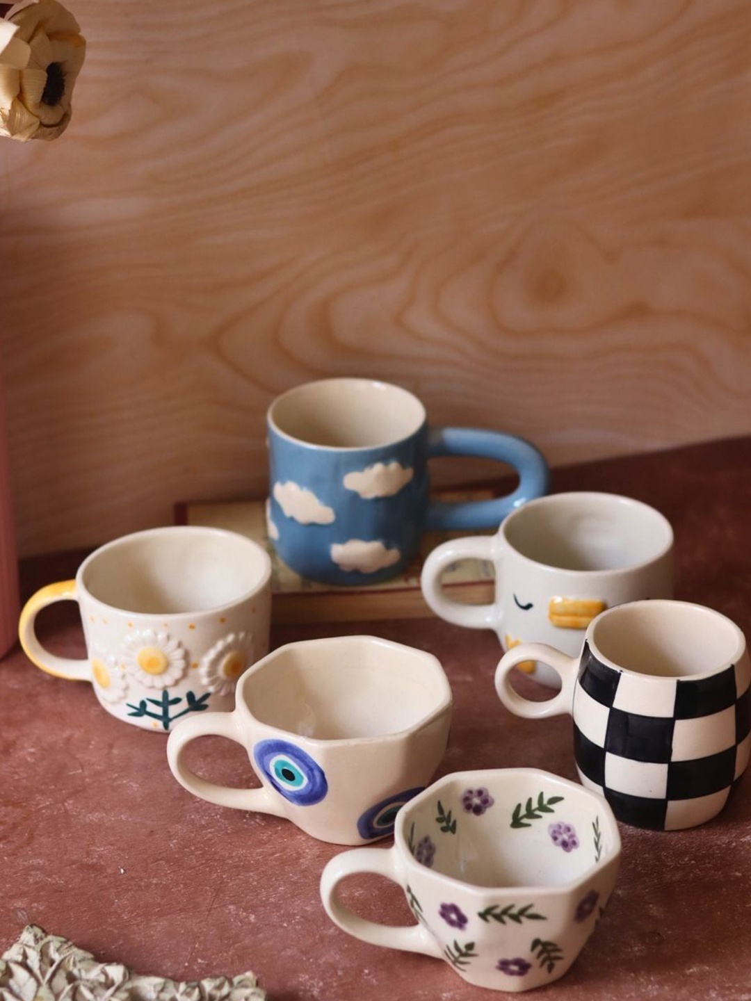 

WEAVING HOMES White & Blue 6 Pcs Floral Printed Ceramic Dishwasher Safe Glossy Cups 250ml