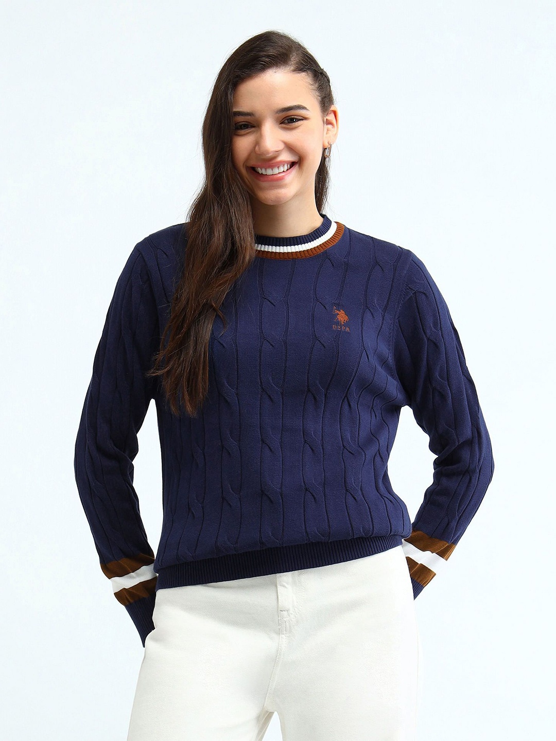 

U.S. Polo Assn. Women Women Self Design Pure Cotton Cable Knit Pullover Sweater, Navy blue