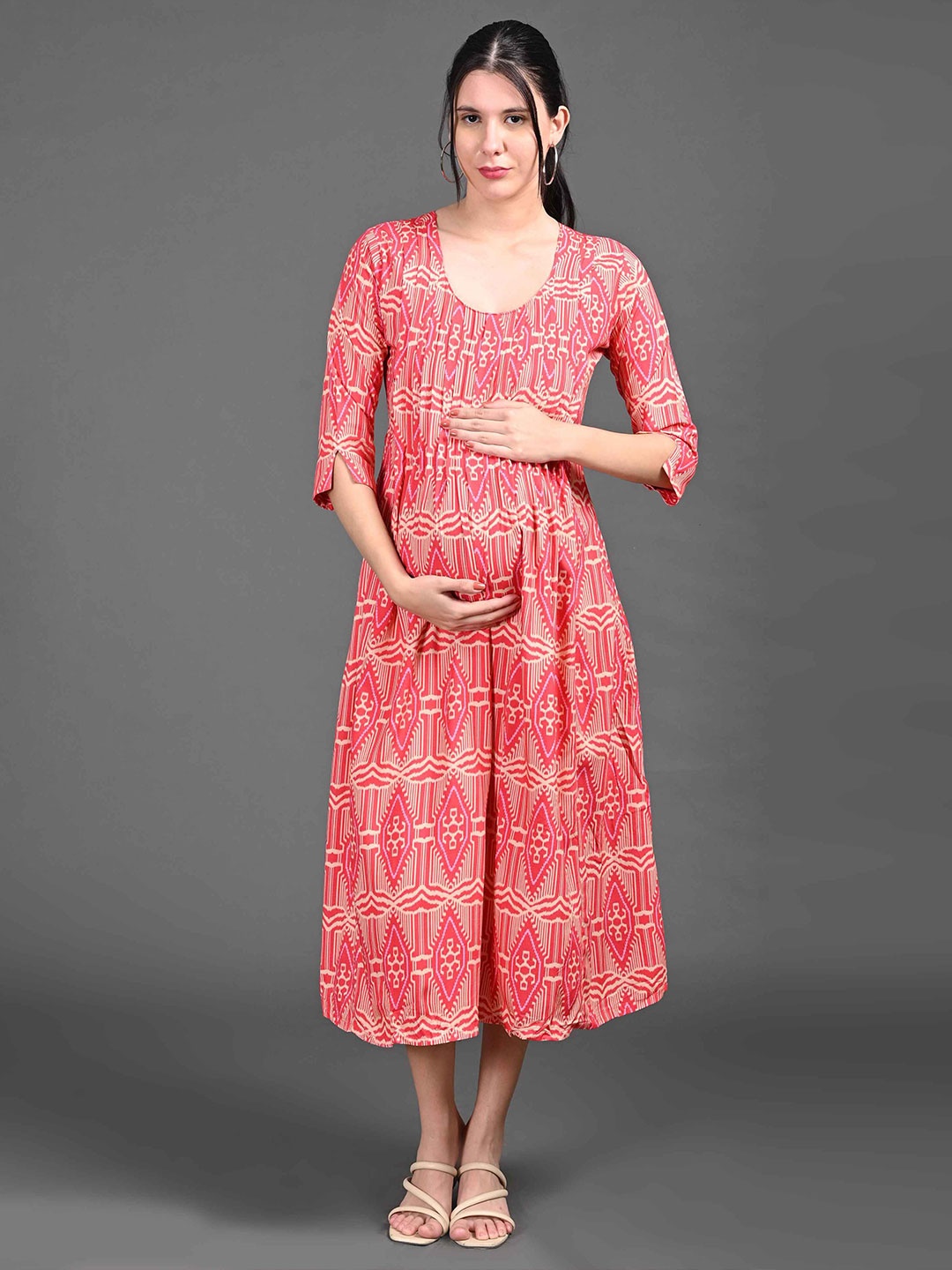 

GOLDSTROMS Ethnic Motifs Print Empire Midi Dress, Peach