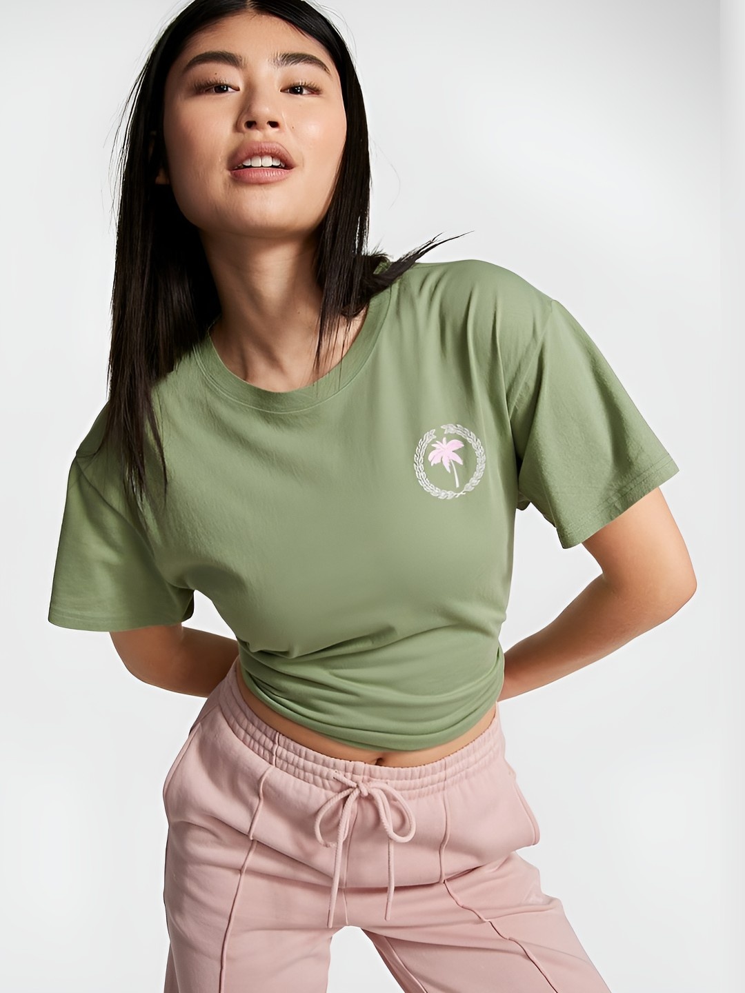 

Victoria's Secret Women Graphic Printed Round Neck Cotton T-shirt, Green