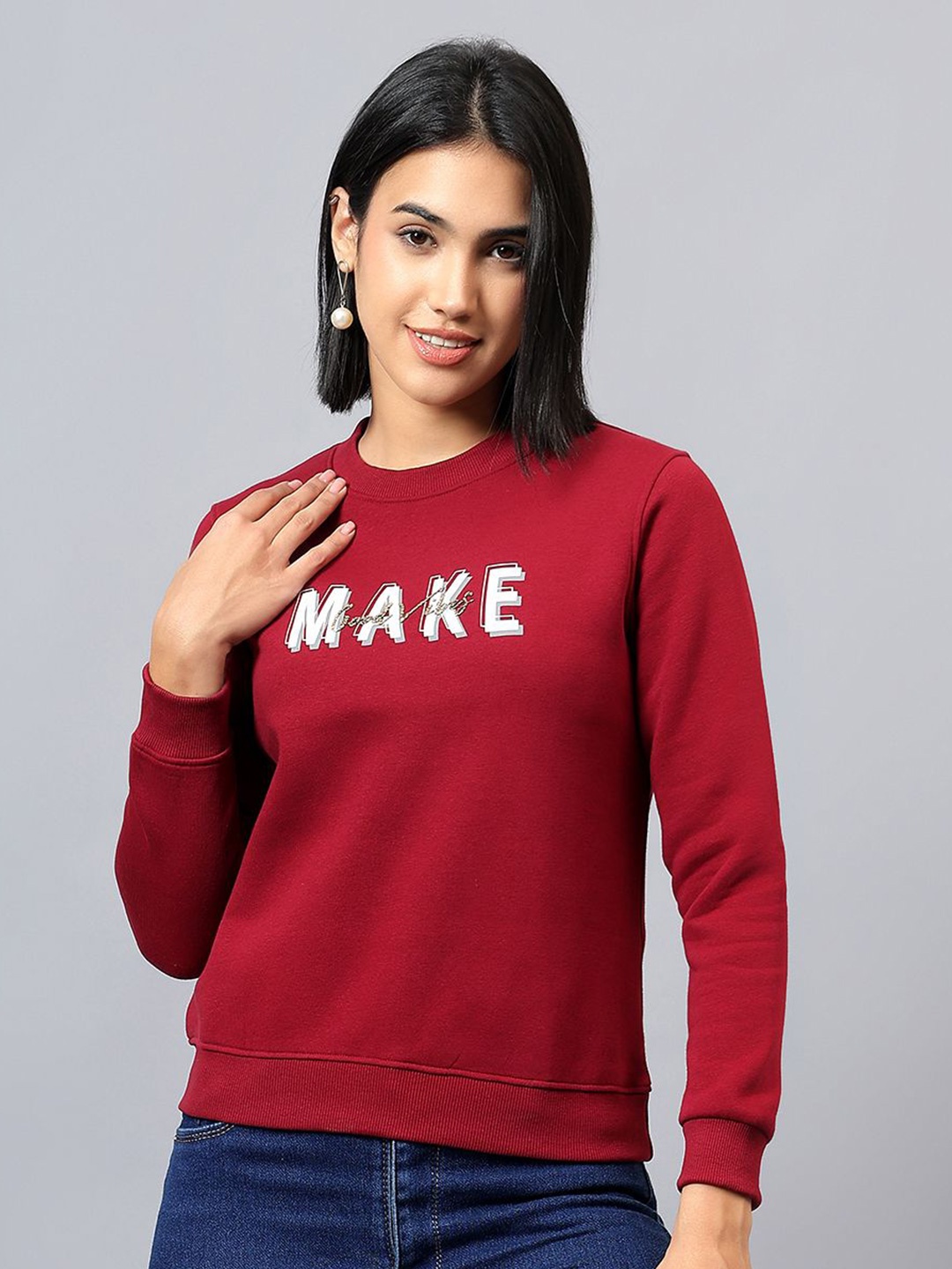 

Cantabil Women Printed Sweatshirt, Maroon