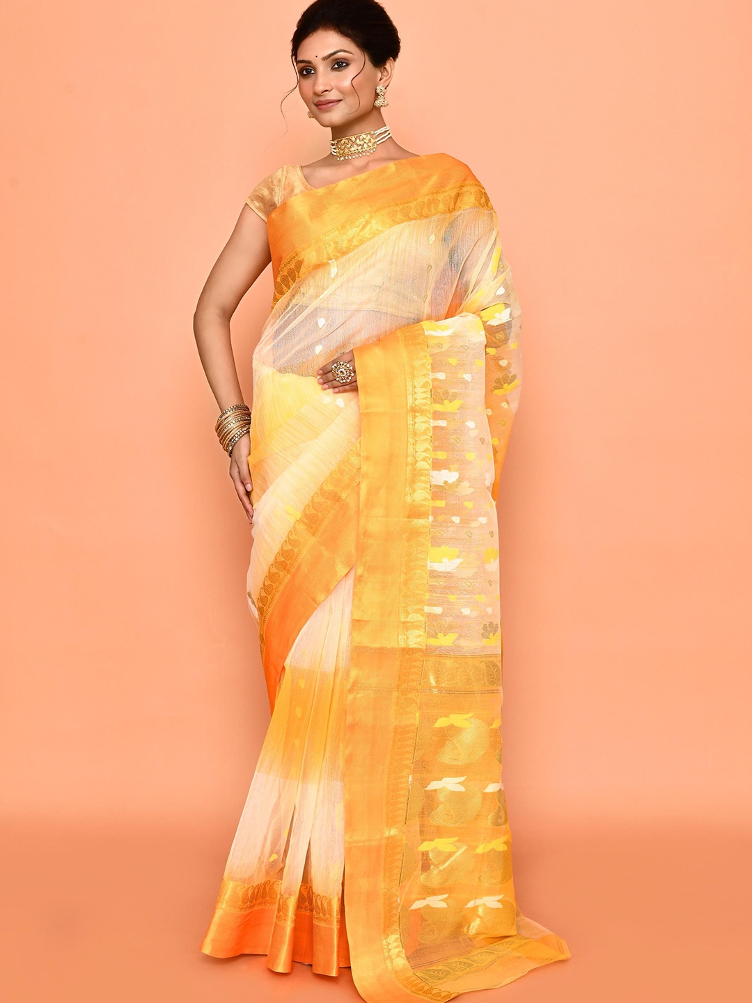 

PUKU Ethnic Motifs Woven Design Handloom Taant Saree, Yellow