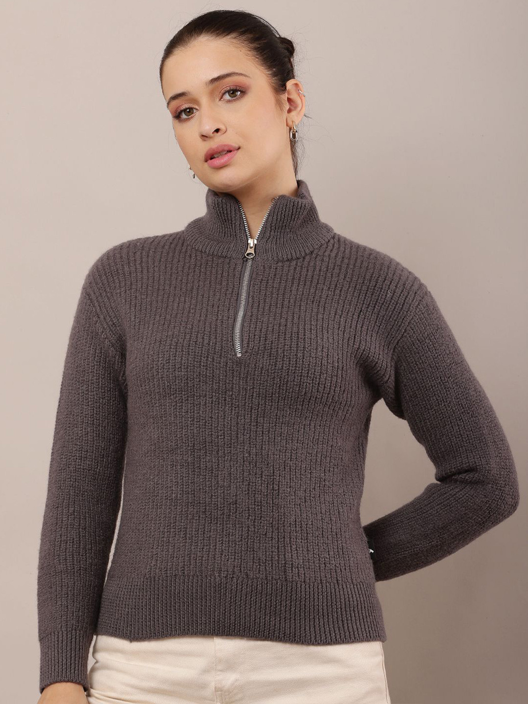 

NoBarr Women Woollen Ribbed Pullover Sweaters, Grey