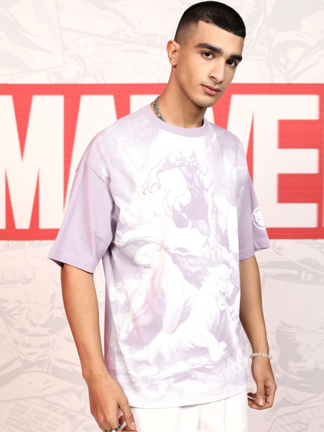 

Highlander Men Black Panther Printed Cotton Oversized T-Shirt, Lavender