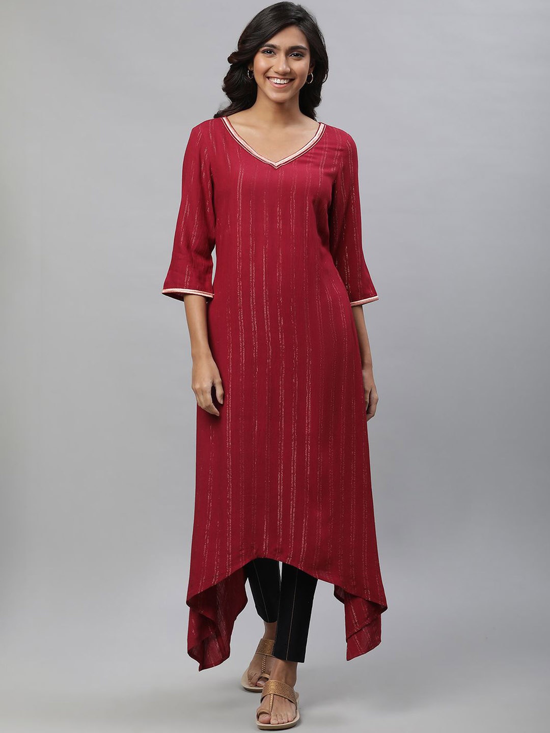 

AURELIA Women Striped Thread Work Anarkali Kurta, Maroon