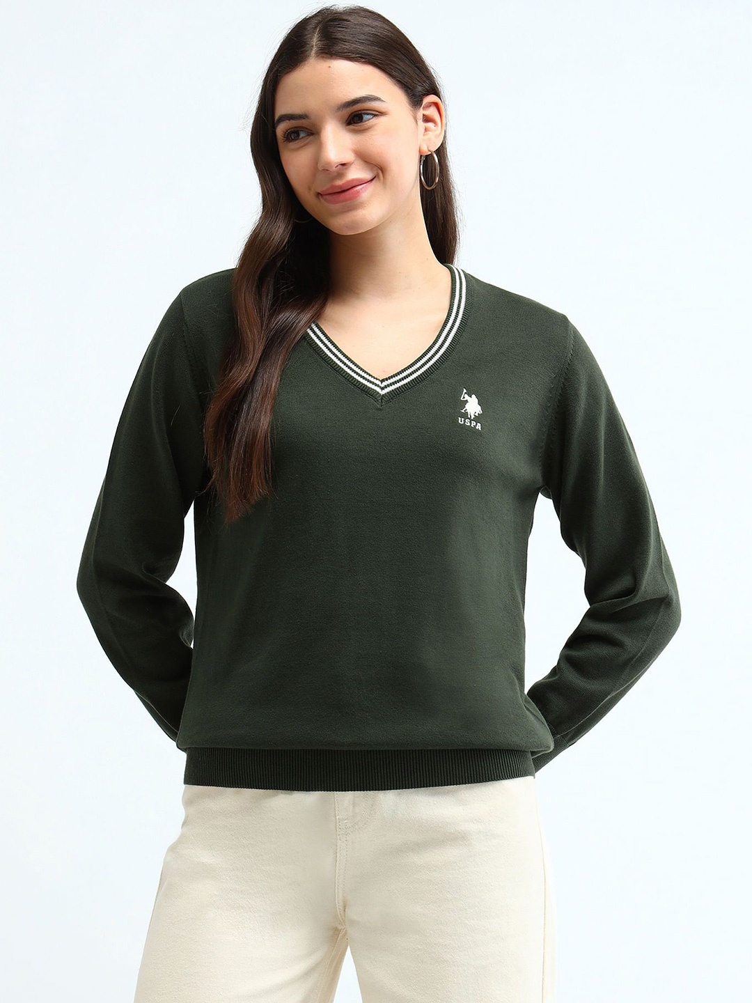 

U.S. Polo Assn. Women V-Neck Cotton Pullover, Green