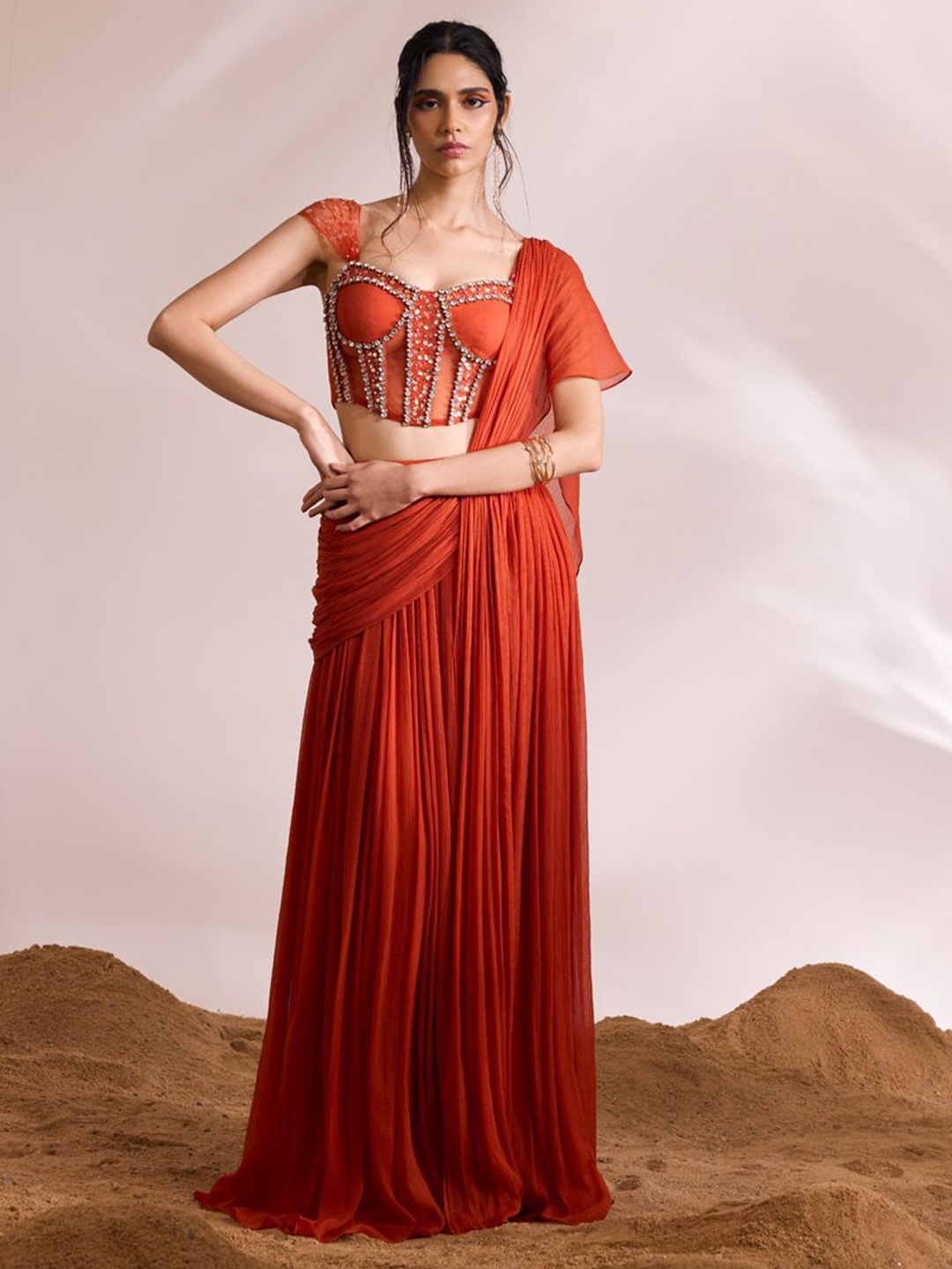 

DIVYA AGGARWAL Beads and Stones Lehenga Saree, Orange
