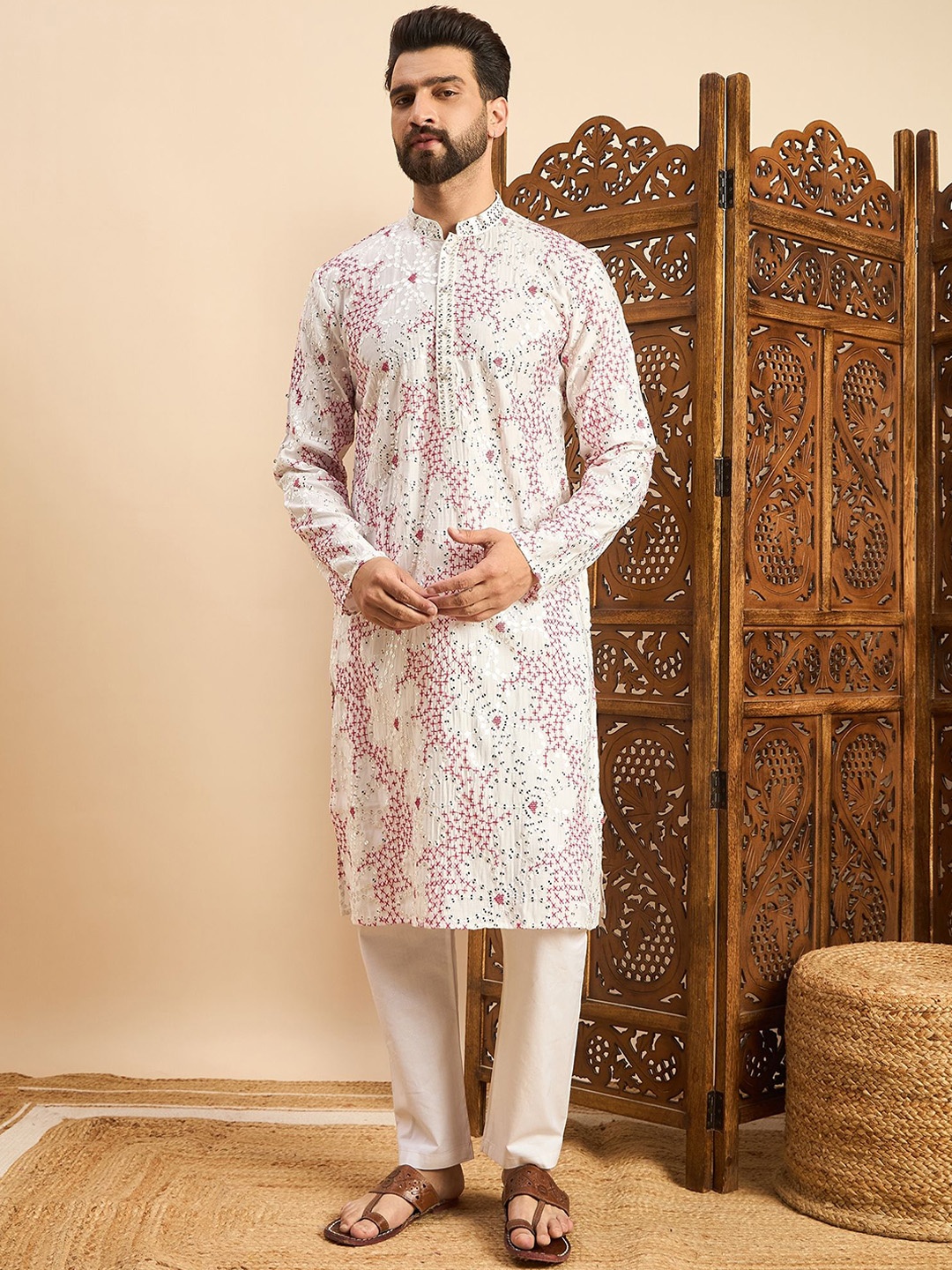 

House of Pataudi Embellished Mandarin Collar Ethnic Wear Kurta, White