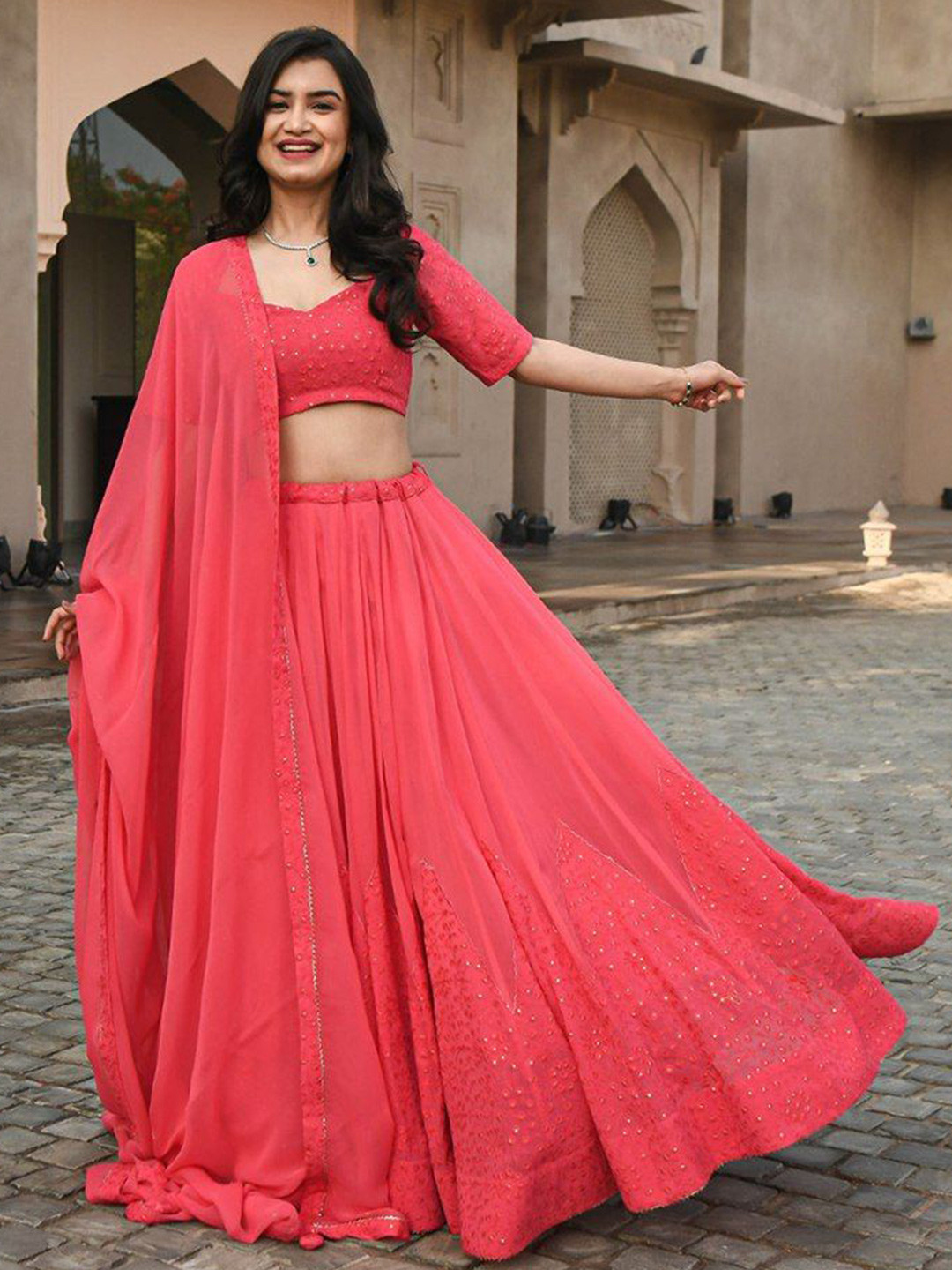 

Rujave Embroidered Sequinned Semi-Stitched Lehenga & Unstitched Blouse With Dupatta, Peach