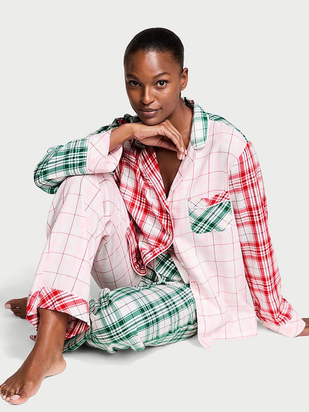 

Victoria's Secret Women Checked Shirt & Flannel Long Pajama Night suit, Pink