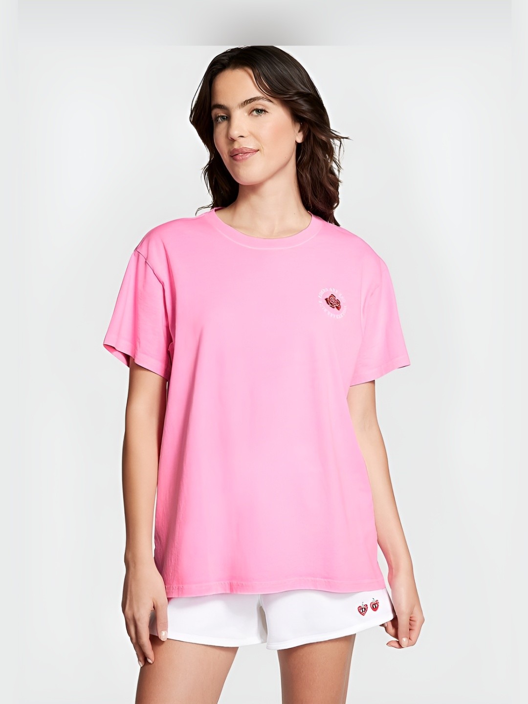 

Victoria's Secret Women Typography Printed Round Neck Cotton Relaxed Fit T-shirt, Pink