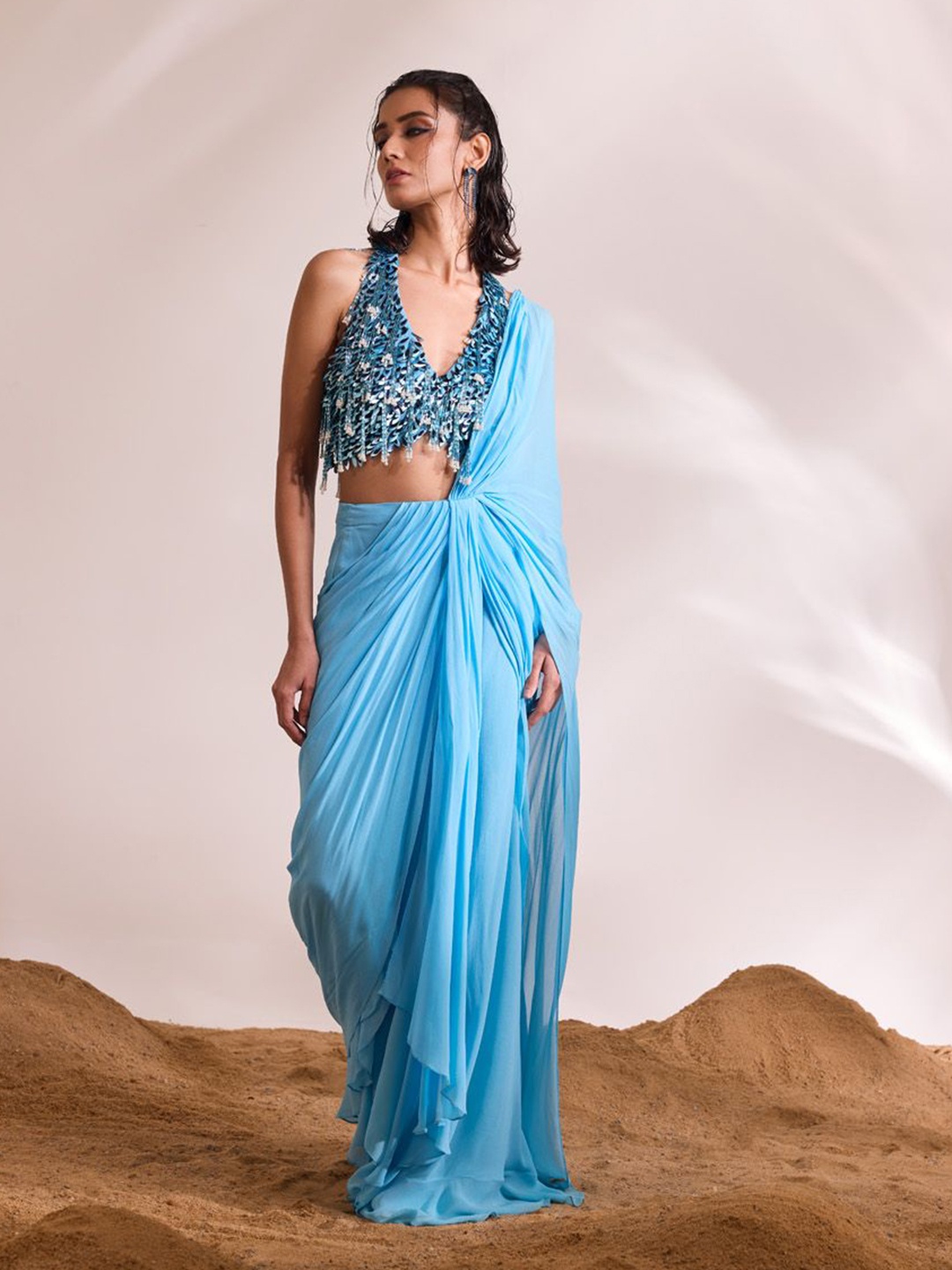 

DIVYA AGGARWAL Sequinned Ruffles Saree, Blue