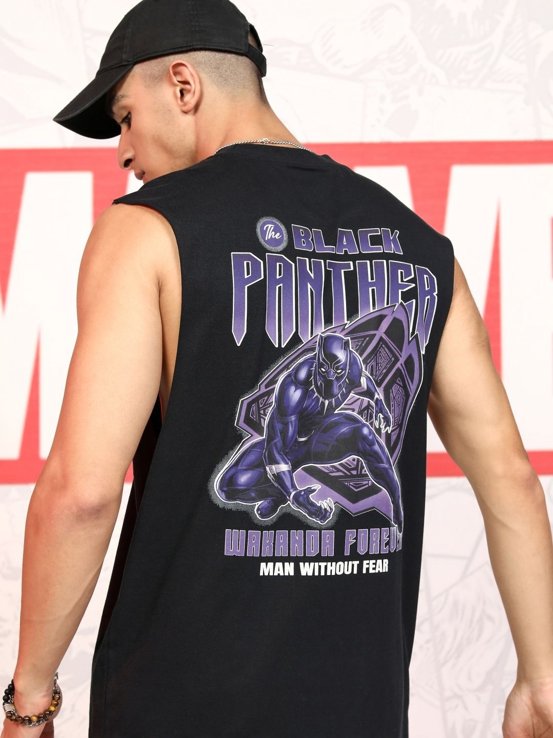 

HIGHLANDER Men Black Panther Printed Cotton Oversized T-shirt