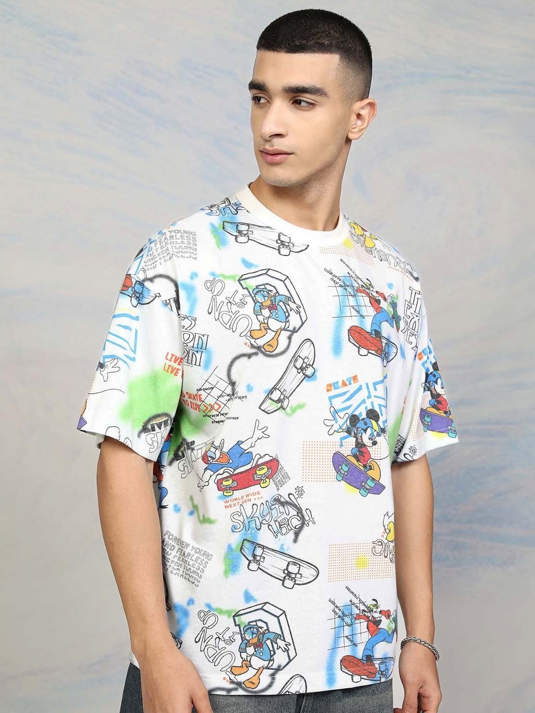 

HIGHLANDER Men Mickey Mouse Printed Drop-Shoulder Sleeves T-shirt, White