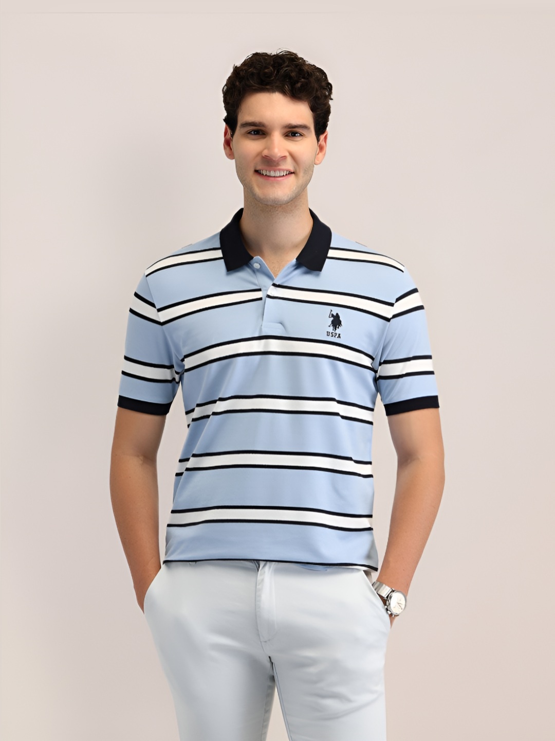 

U.S. Polo Assn. Men Brand Logo Striped Polo Collar Slim Fit T-shirt, Blue