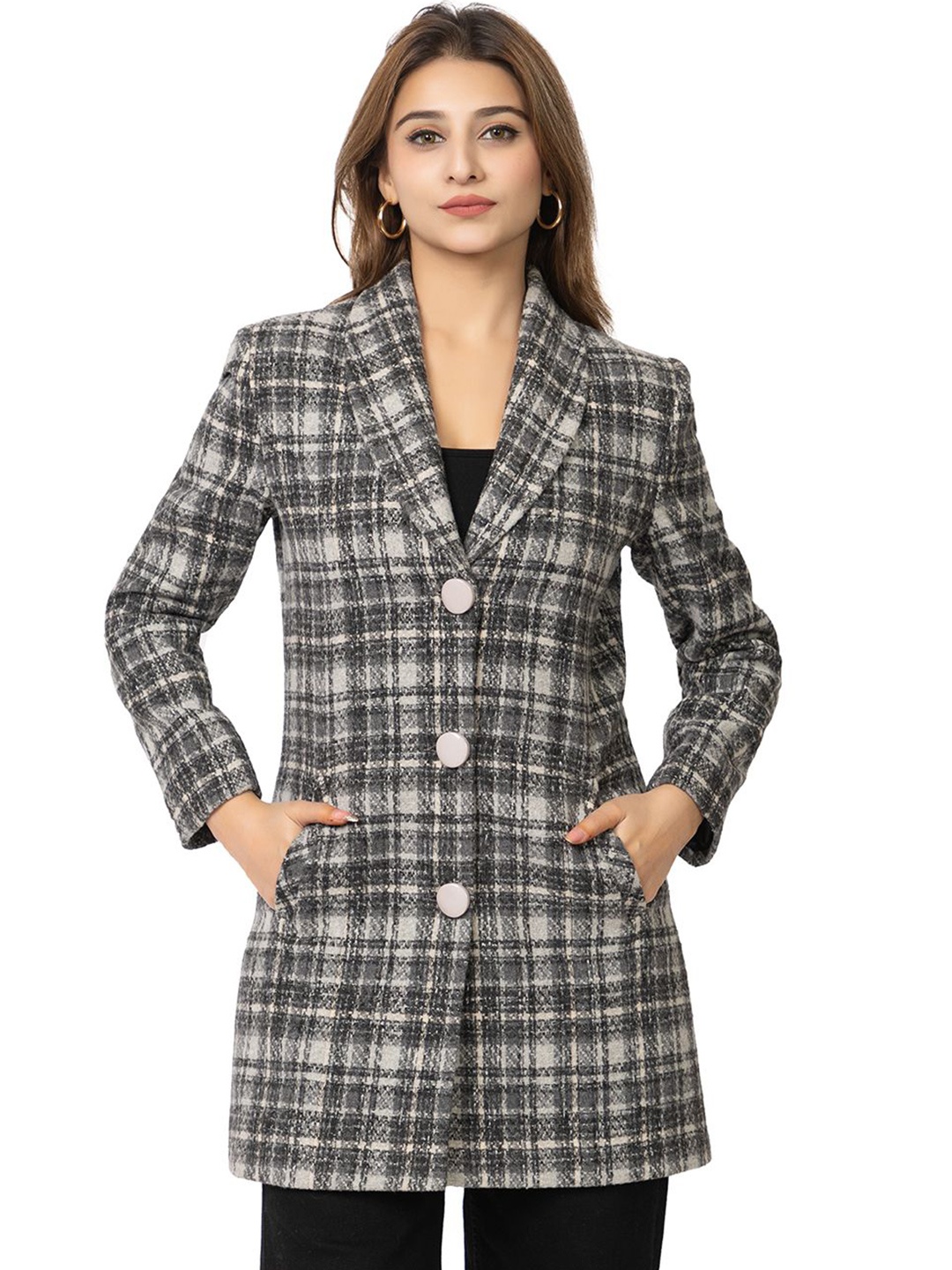 

TWENTY ME Checked Single Breasted Full Sleeve Overcoat, Grey