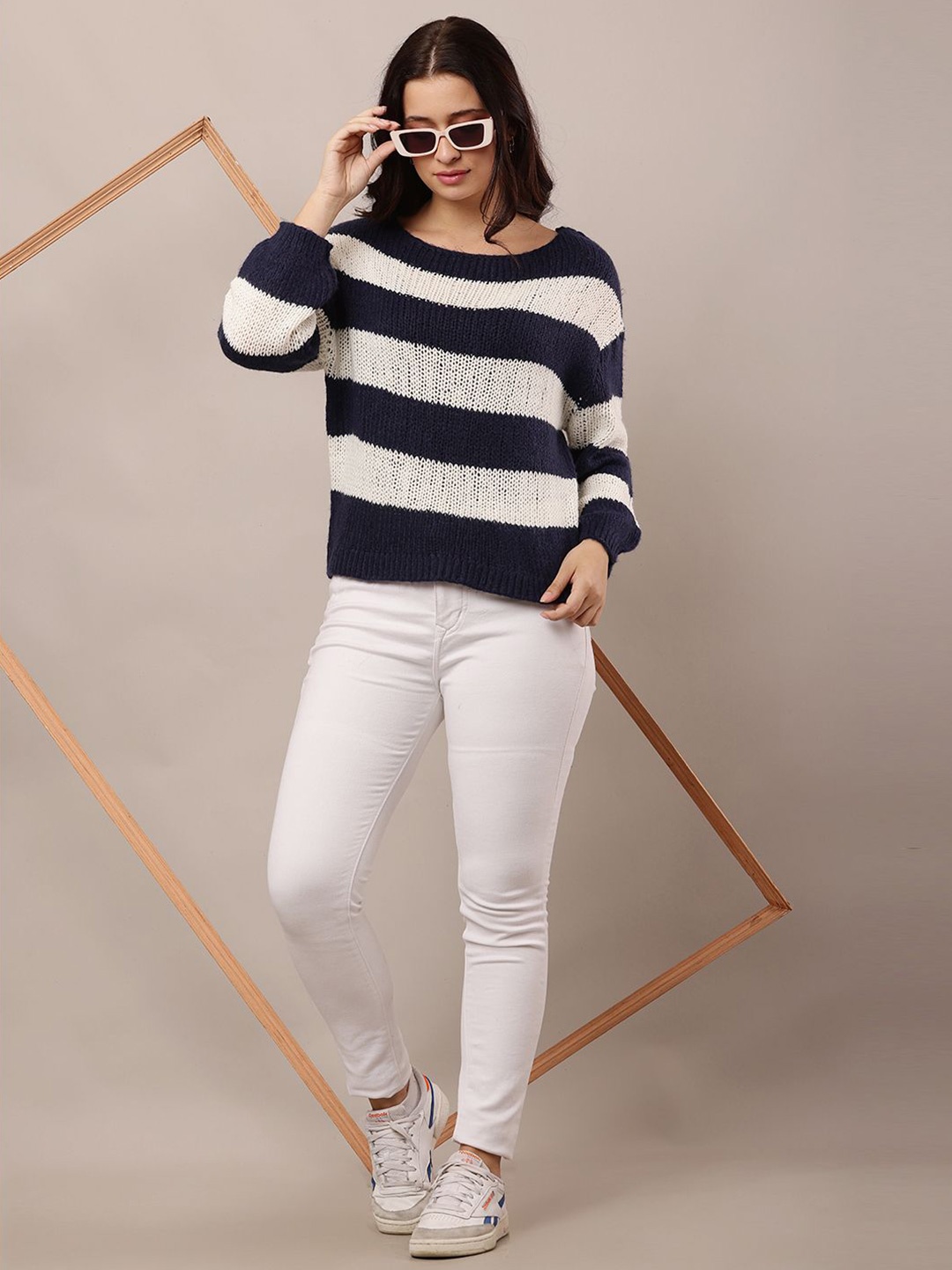 

NoBarr Women Round Neck Striped Pullover, Blue
