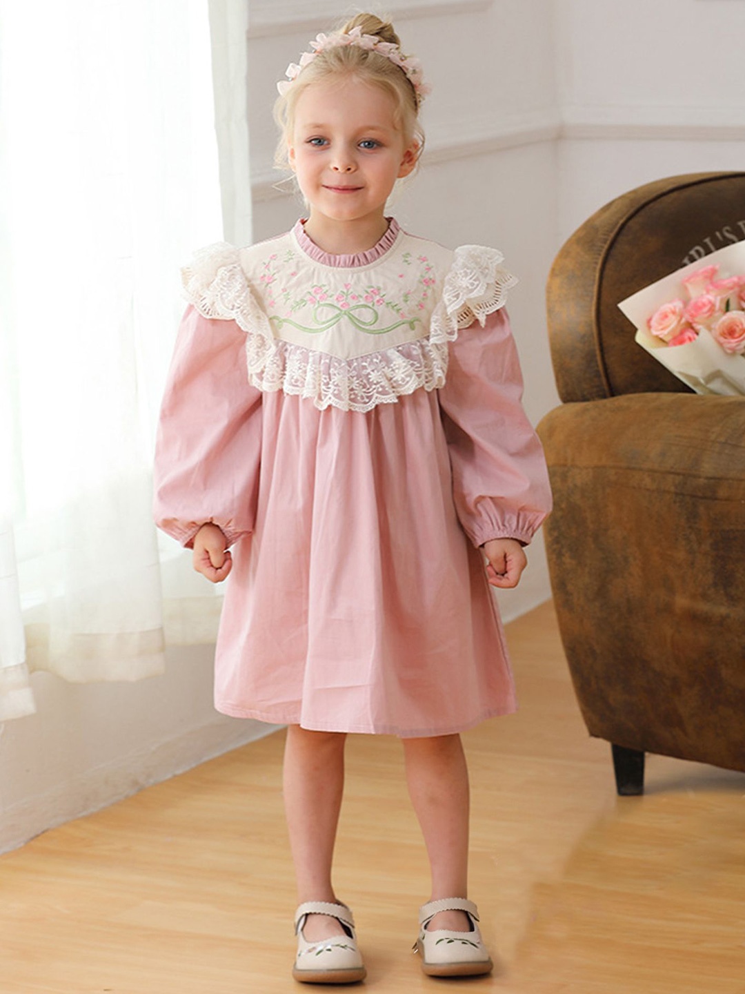 

LULU & SKY Girls Cotton Puff Sleeve A-Line Dress, Pink
