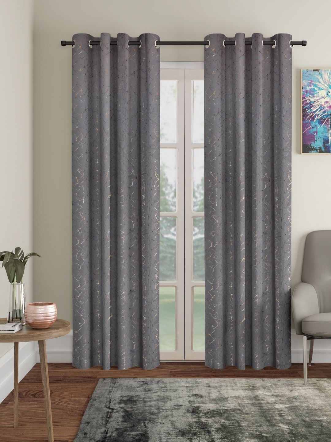

SOKNACK Grey & Gold-Toned Set of 2 Geometric Long Door Curtain