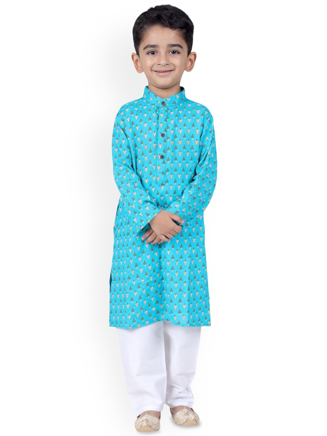 

itsmycostume Boys Floral Printed Mandarin Collar Pure Cotton Straight Kurta With Pyjamas, Blue