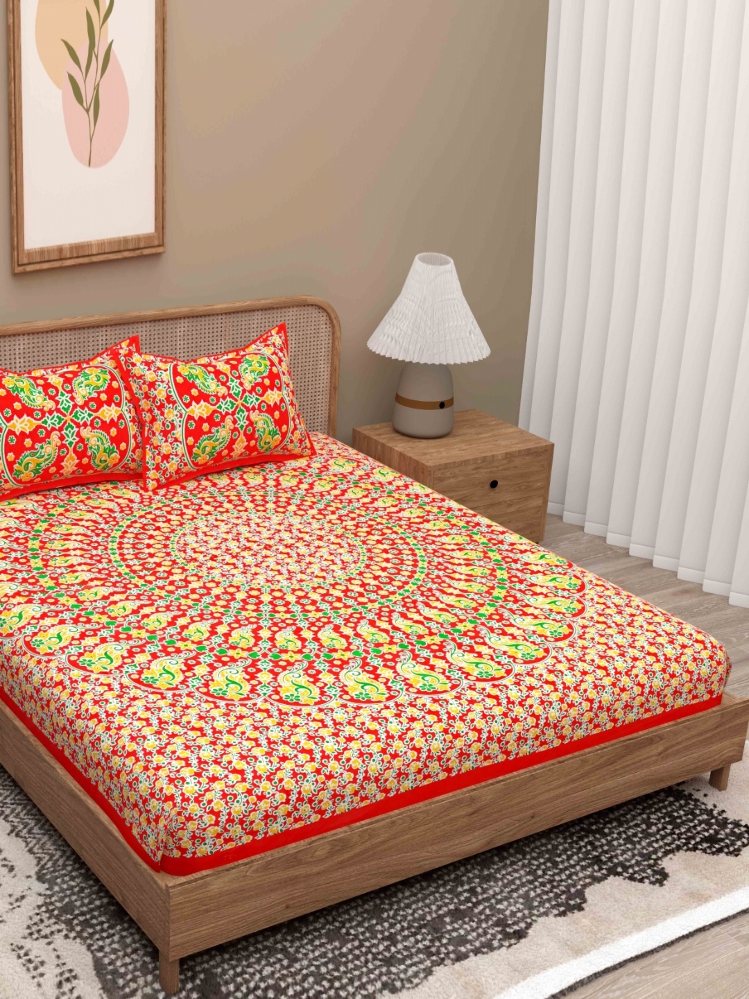 

Lali Prints Red & Green Geometric 180 TC Queen Bedsheet with 2 Pillow Covers