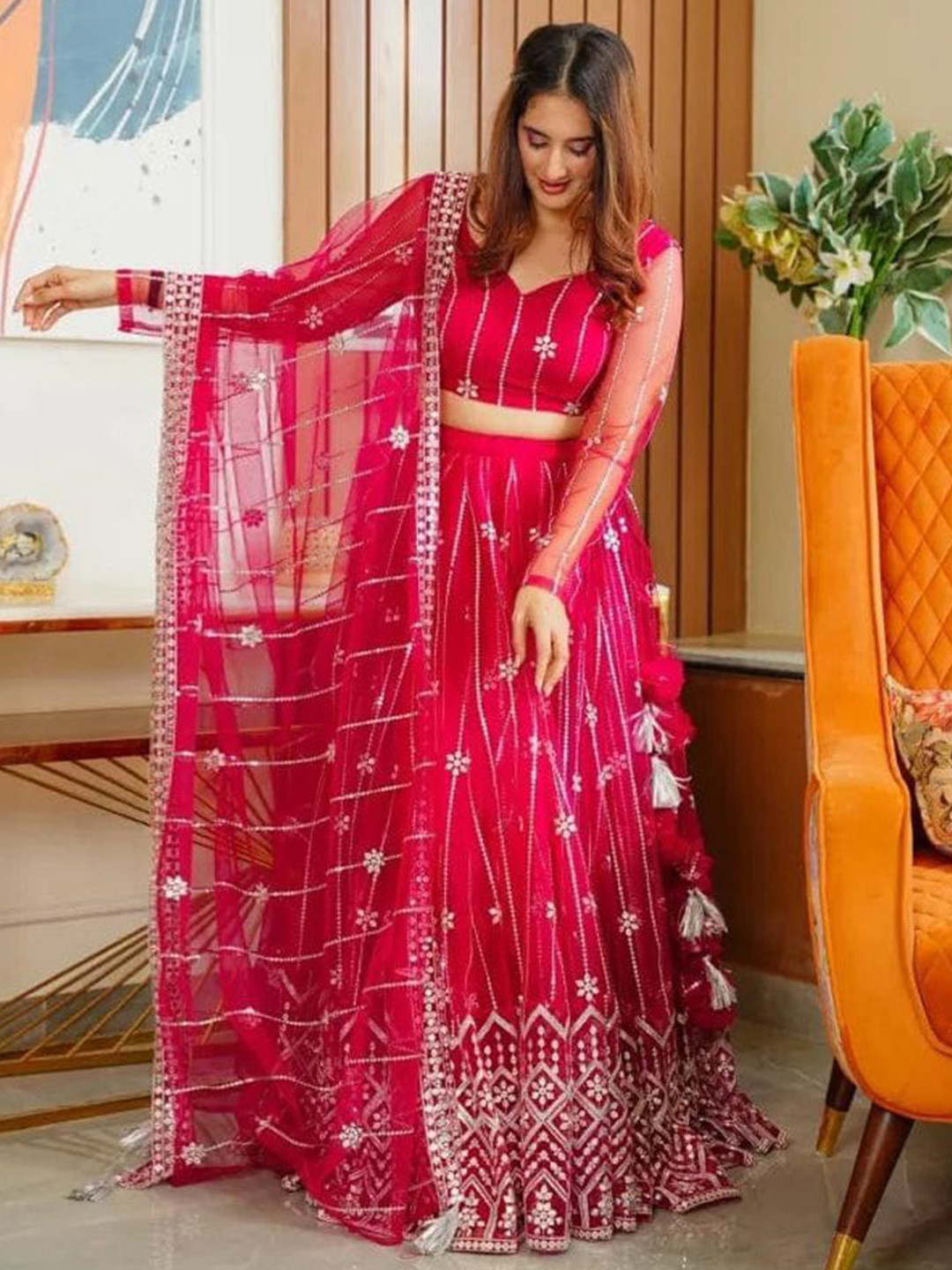 

Rujave Embellished Sequinned Semi-Stitched Lehenga & Unstitched Blouse With Dupatta, Pink