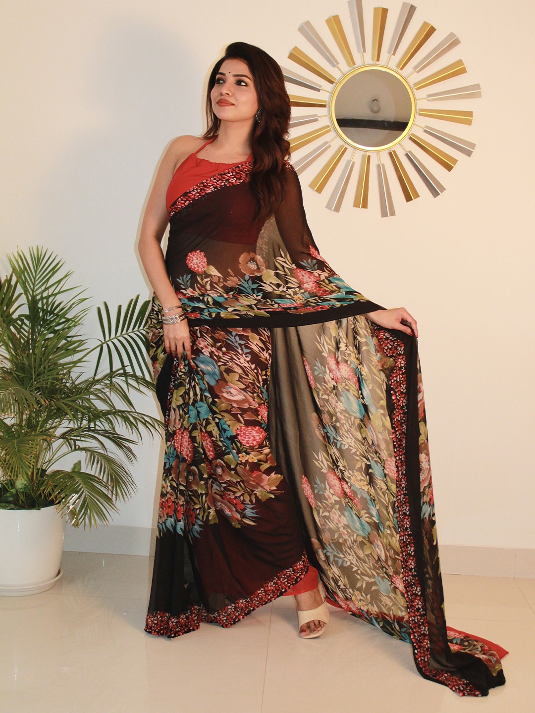 

SANJANA SILK Floral Pure Georgette Bagh Saree, Red