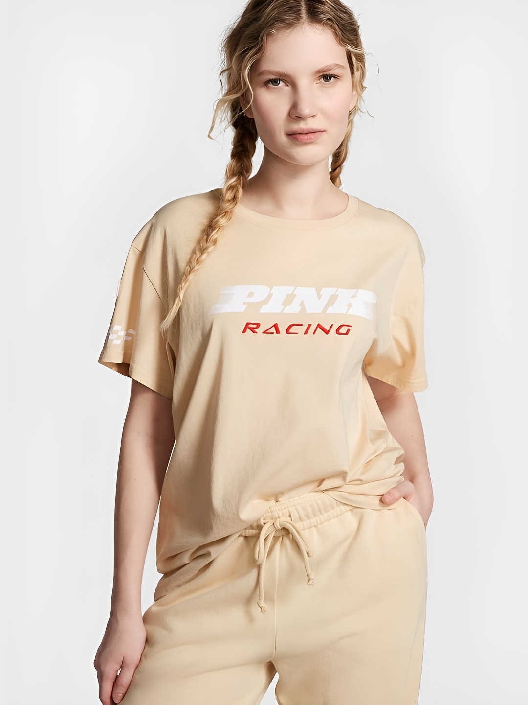 

Victoria's Secret Women Typography Printed Round Neck Cotton Relaxed Fit T-shirt, Beige