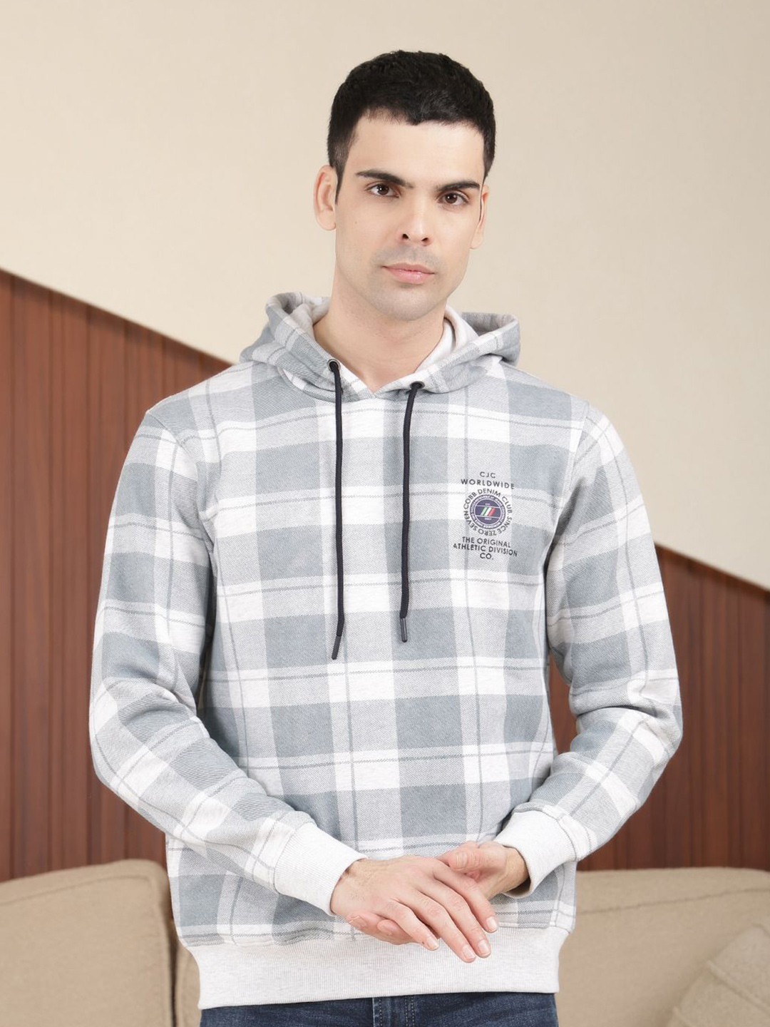 

COBB Men Checked Hooded Sweatshirt, Grey