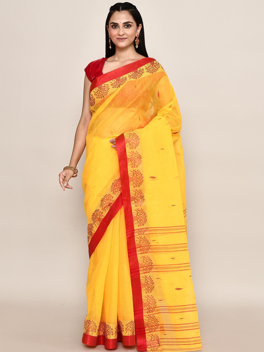 

PUKU Ethnic Motifs Woven Design Pure Cotton Taant Saree, Yellow