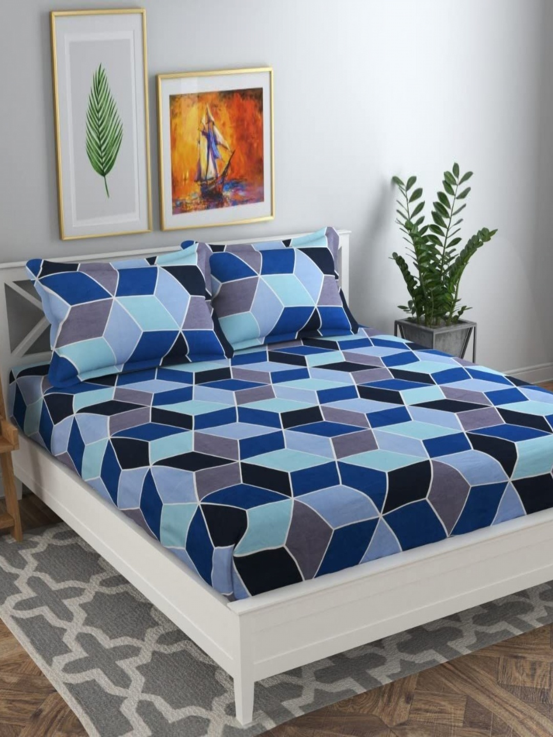 

Aura Blue Geometric 144 TC Queen Bedsheet with 2 Pillow Covers