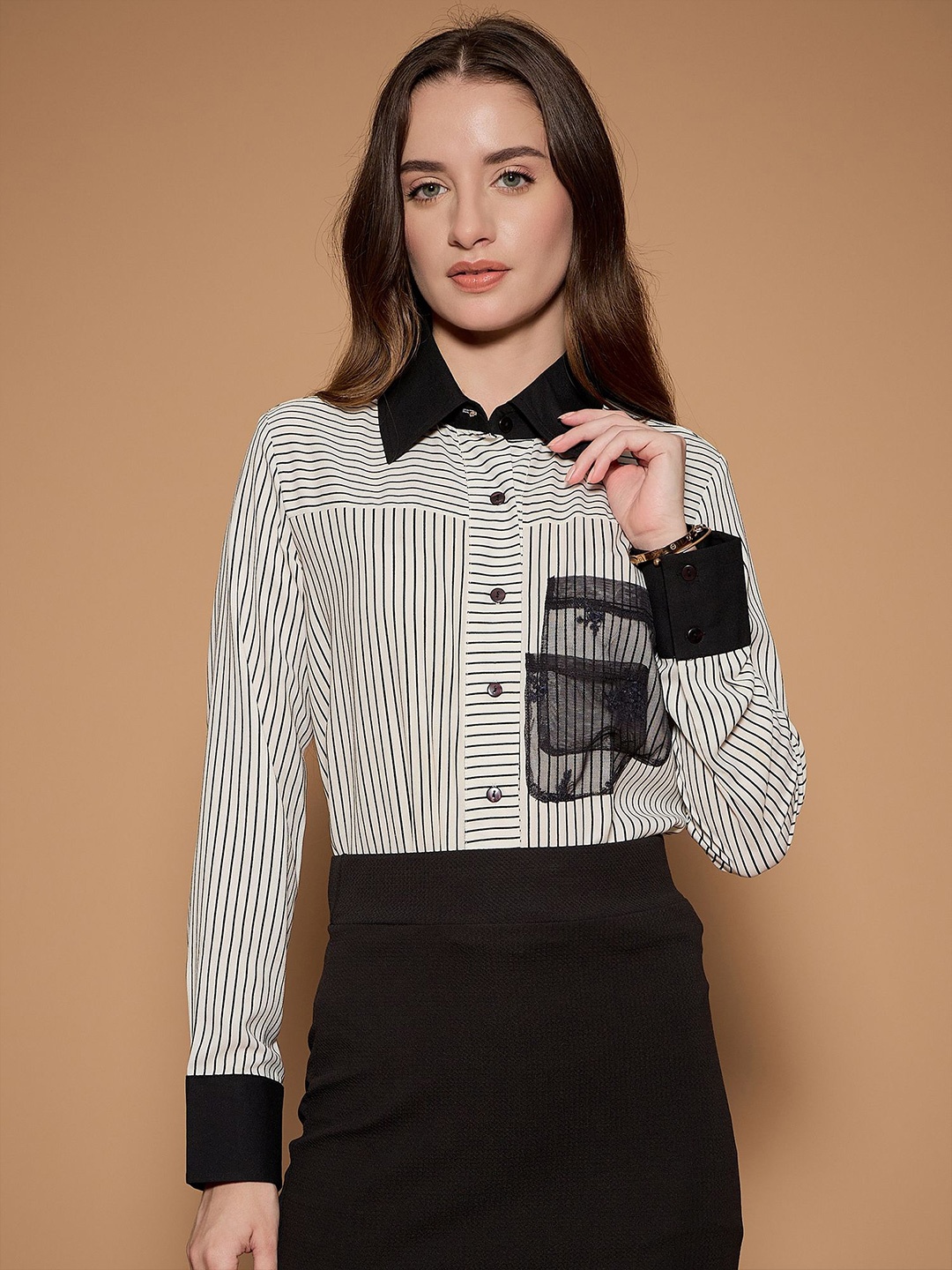 

STYLECAST X KASSUALLY Women Standard Horizontal Stripes Opaque Striped Formal Shirt, Black