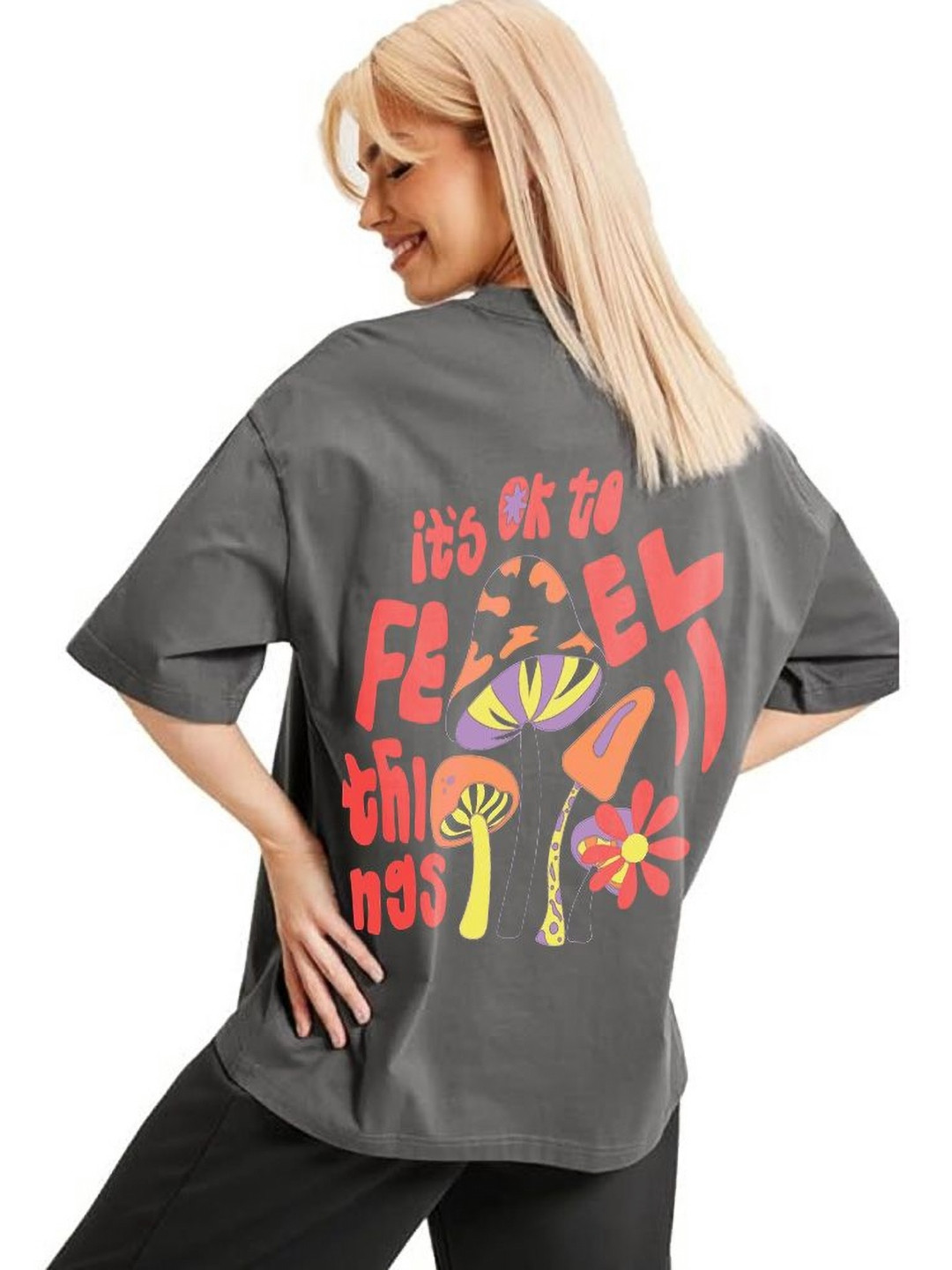 

VIXENLY Women Printed Pockets T-shirt, Grey