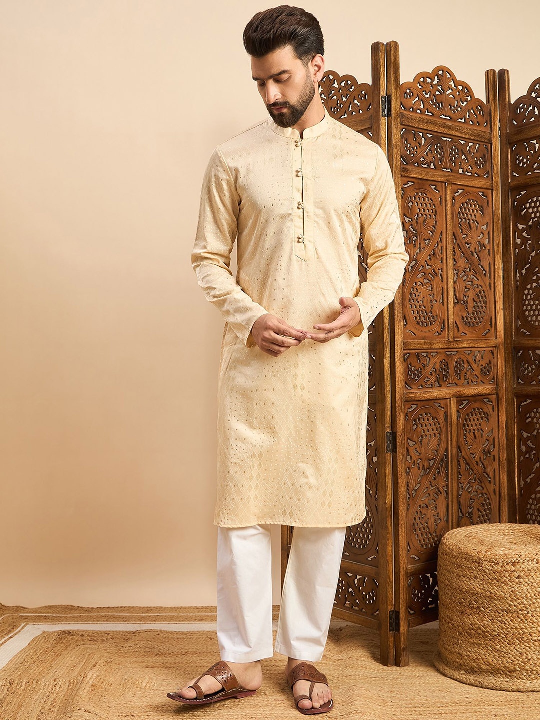 

House of Pataudi Self Design Straight Kurta, Beige