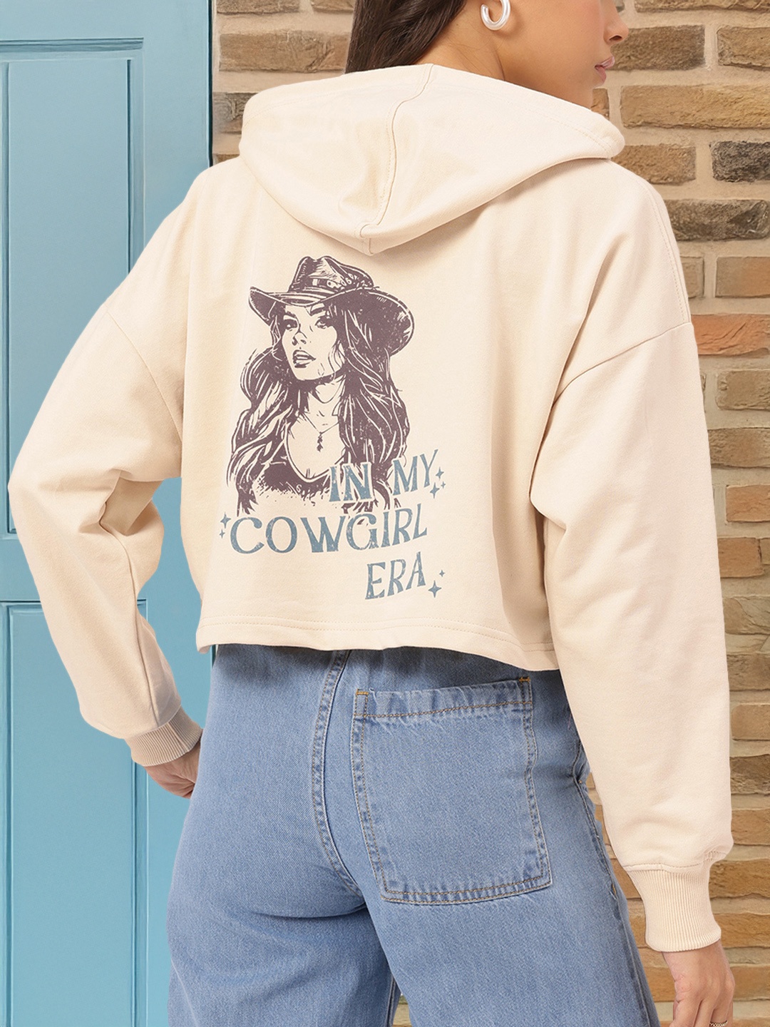 

DressBerry Country Style Printed Drop-Shoulder Crop Sweatshirt, Beige