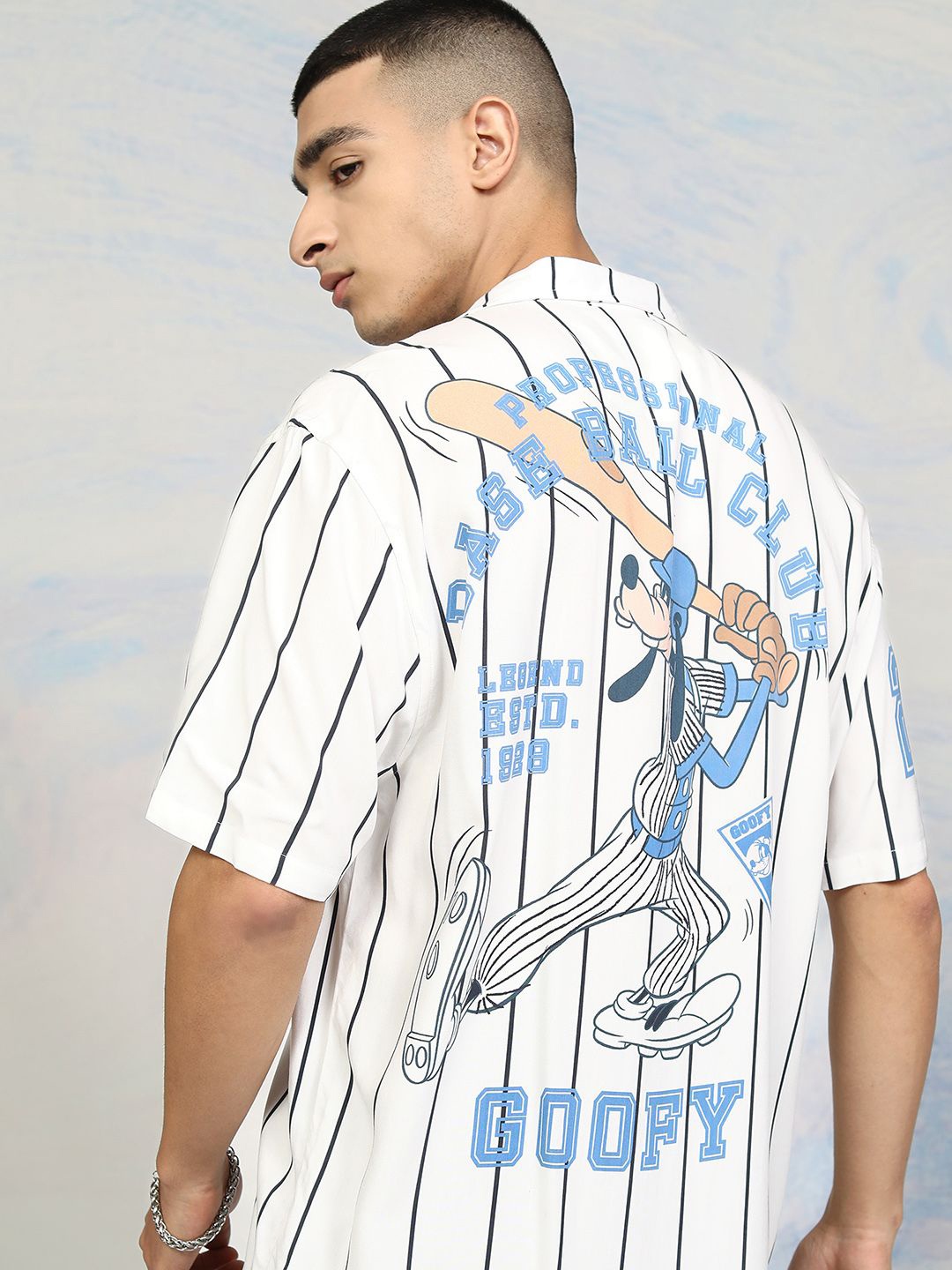 

HIGHLANDER Disney Men Goofy Printed Cuban Collar Viscose Relaxed Shirt, White