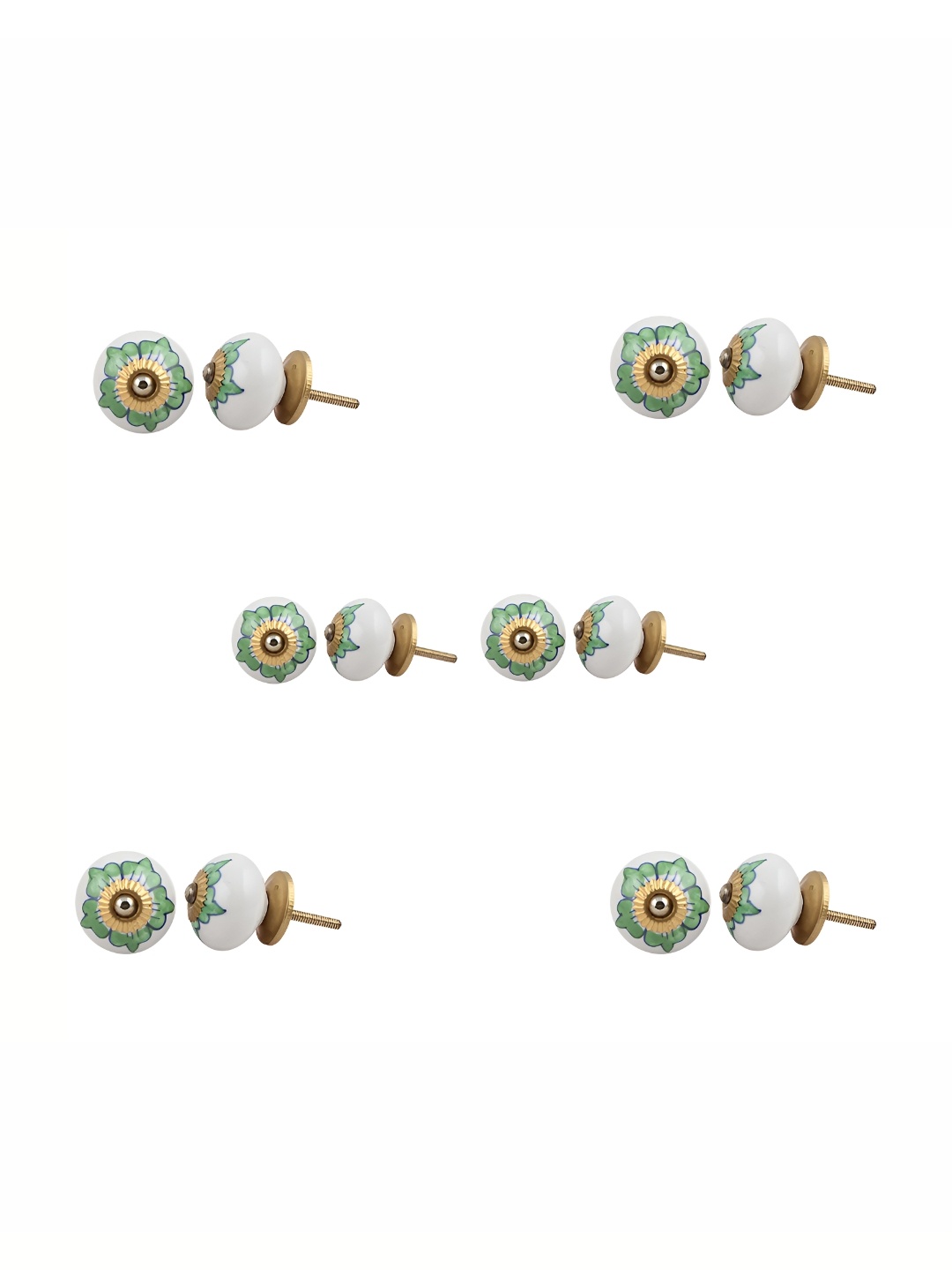 

Indianshelf Set Of 6 Green & White Printed Ceramic Knobs