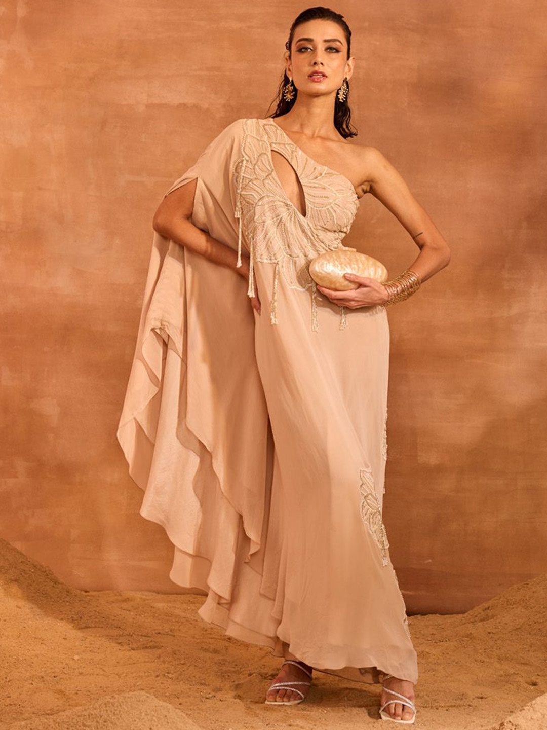 

DIVYA AGGARWAL One Shoulder Embroidered Tunic with Trouser, Beige